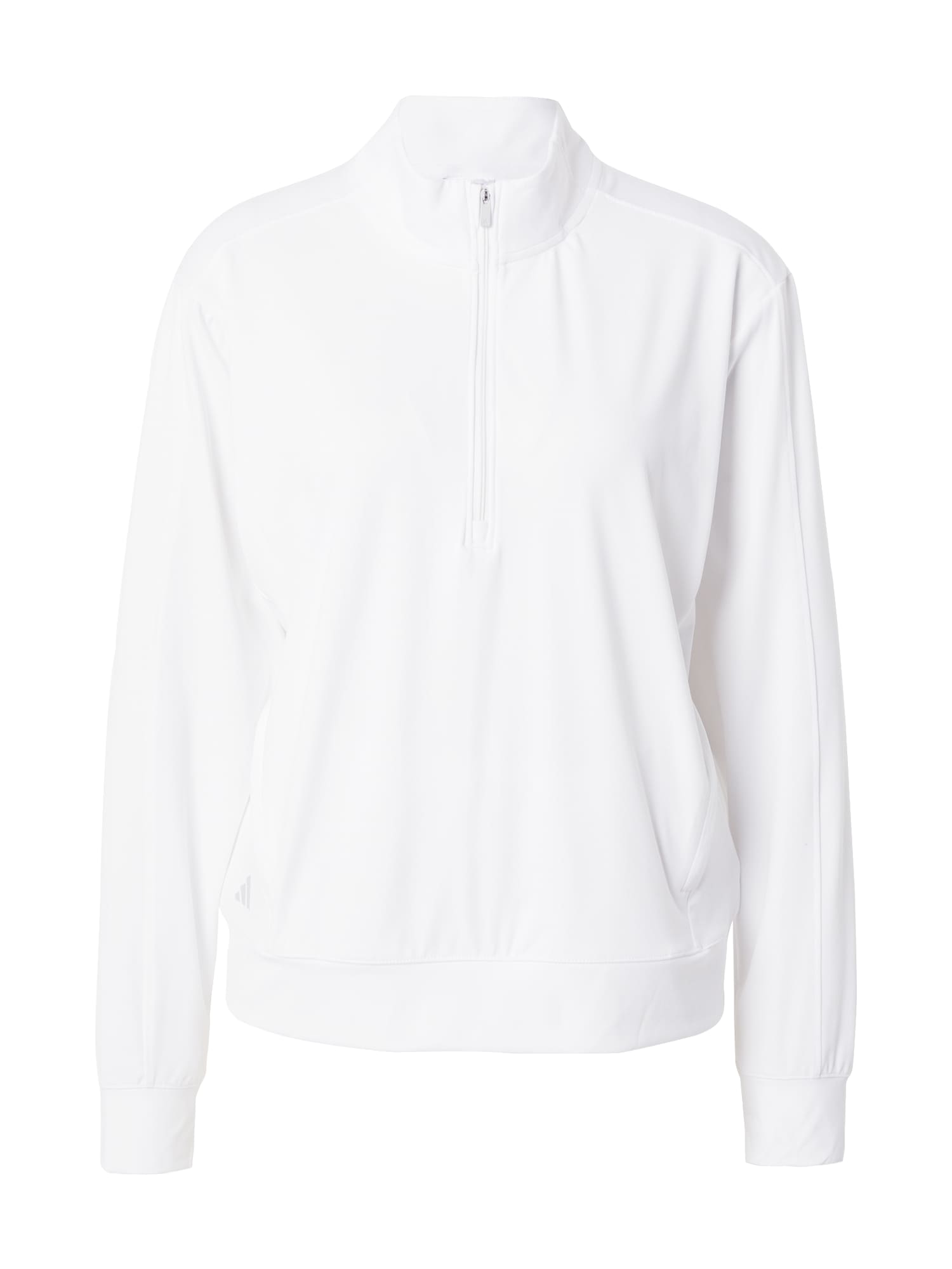 White Adidas Ultimate 1/4 zip midlayer for women, featuring a high collar, long sleeves, and a sleek, lightweight fabric ideal for layering.