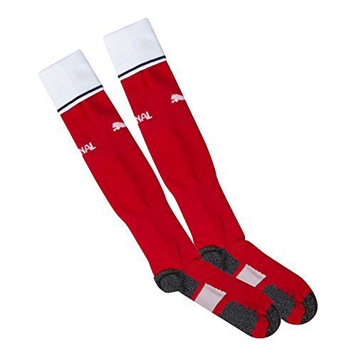 Red football socks with white and black striped cuffs, featuring the Arsenal logo and a cushioned grey footbed, designed for the 2016-2017 season.