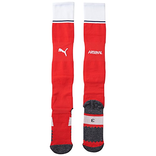 Red and white striped knee-high socks featuring the PUMA logo and "ARSENAL" text, made from a soft material with a cushioned footbed and reinforced toe.