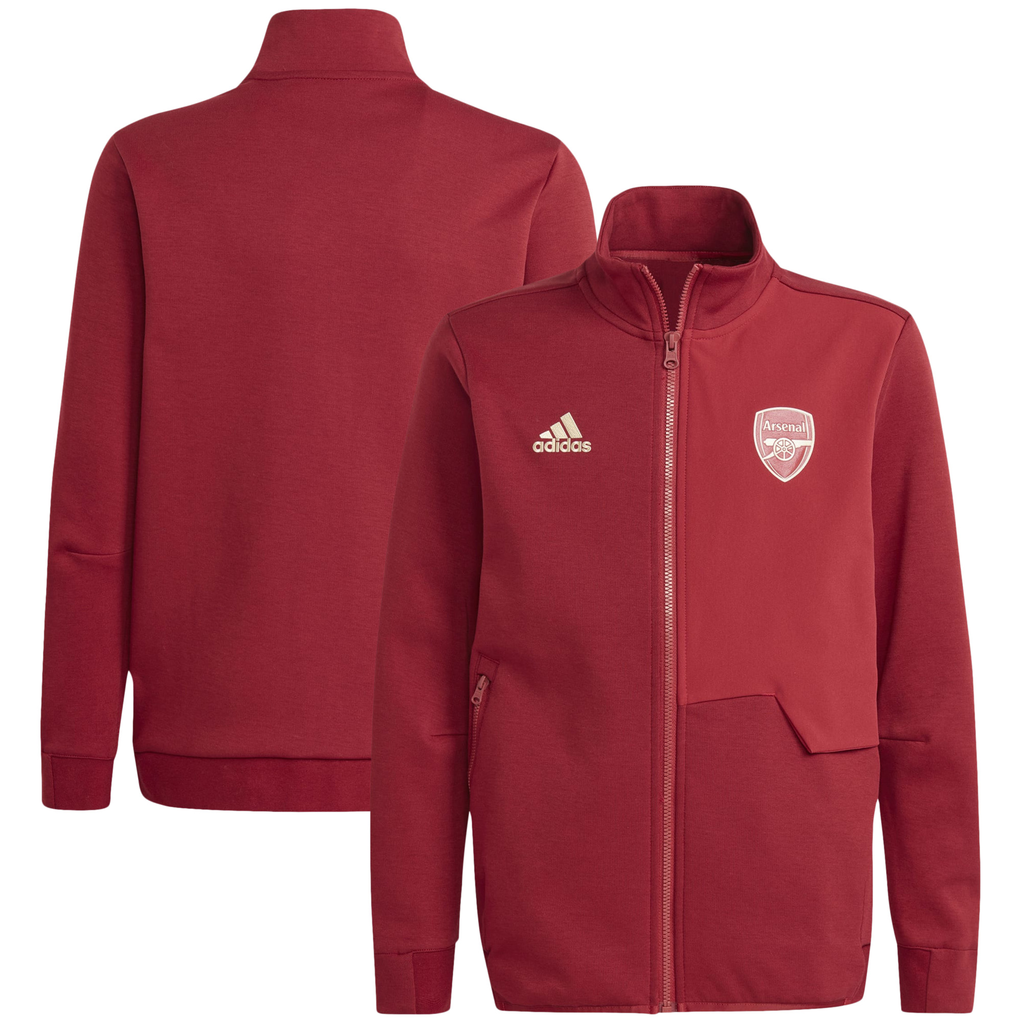 Red Arsenal Adidas Anthem Jacket for kids, featuring a high collar, zip front, side pockets, and the Arsenal crest on the chest, made from soft, durable material.