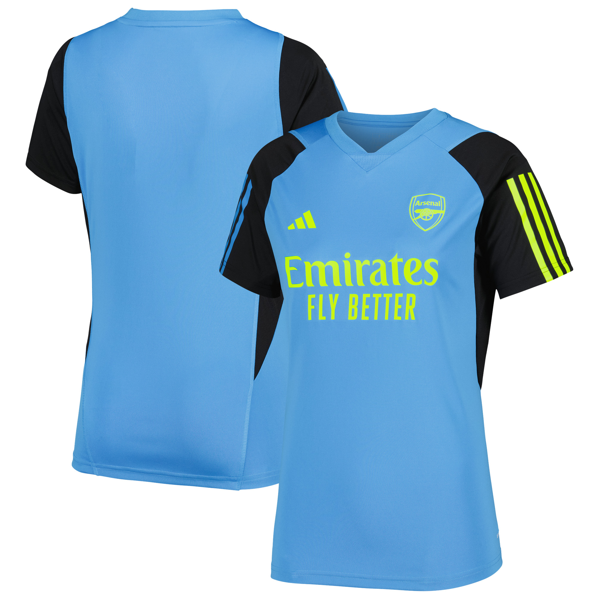 Light blue women's training jersey with black sleeves, featuring the Arsenal logo and "Emirates Fly Better" in bright yellow, made from breathable material.