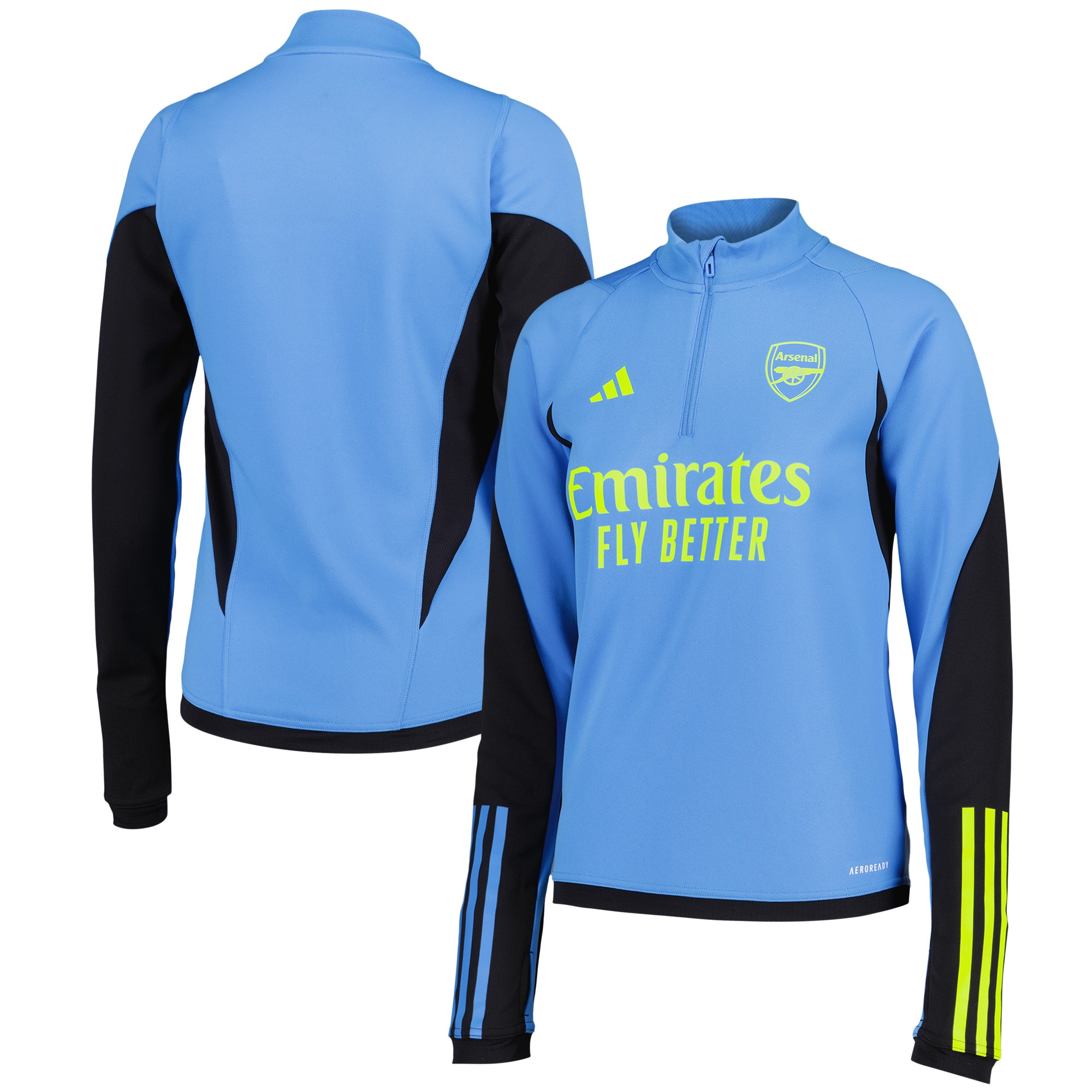 Light blue training top with black sleeves, featuring "Emirates Fly Better" in bright yellow, zip collar, and Adidas stripes on the sleeves, designed for women.