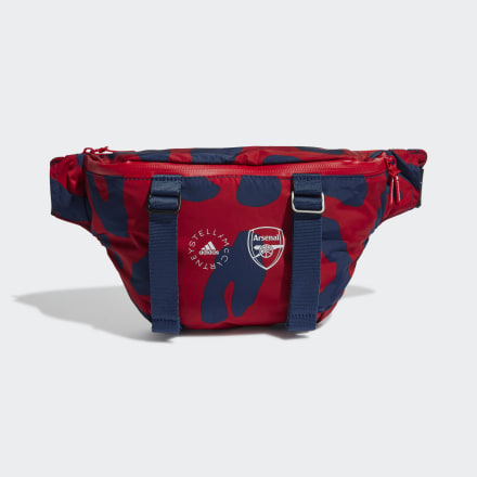 Convertible bum bag in blue and scarlet, featuring a bold camouflage pattern, adjustable straps, and the Arsenal FC logo, designed for women’s training and football.
