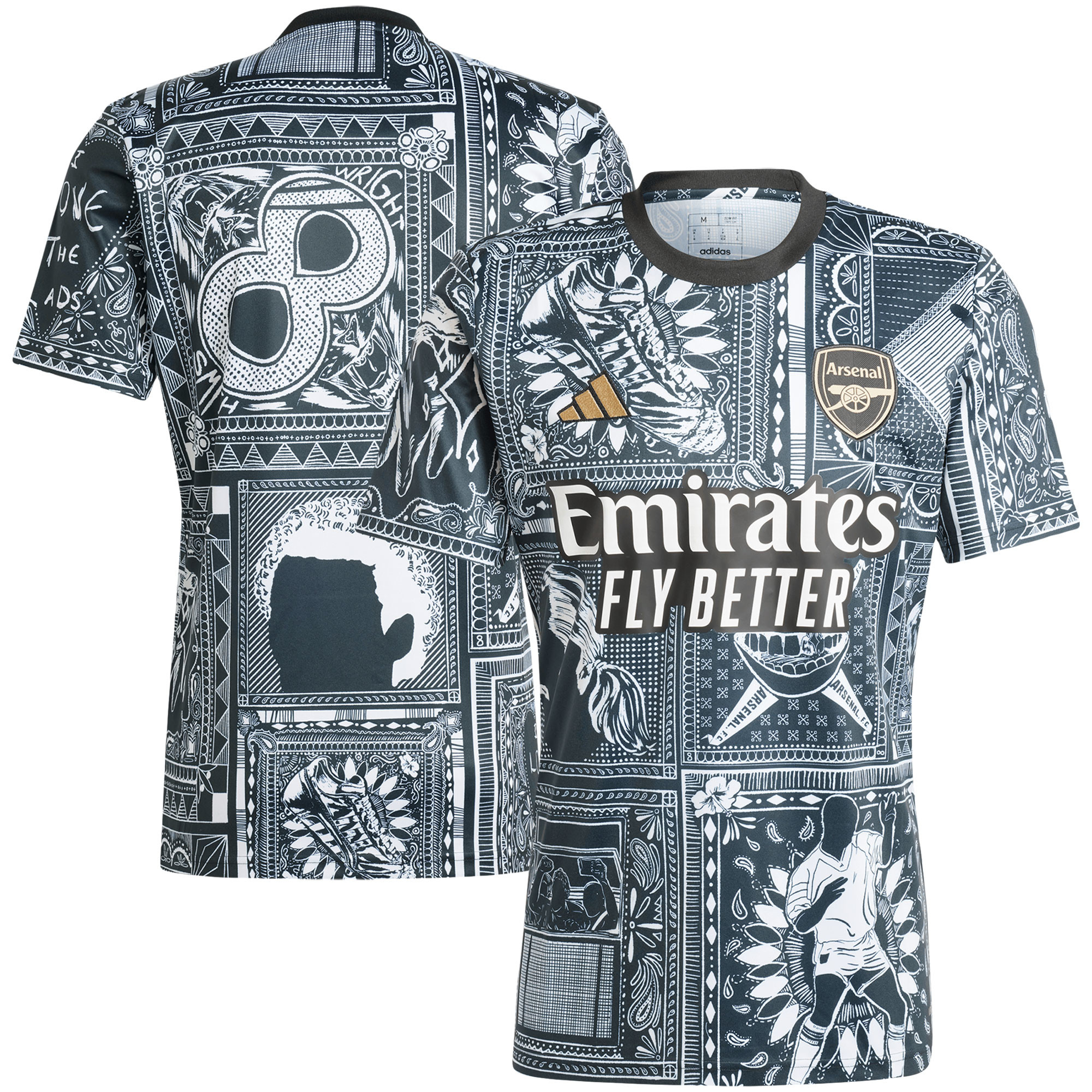 Black Arsenal Adidas Ian Wright Pre Match Shirt featuring intricate white graphic patterns, crew neck, and "Emirates Fly Better" logo on the front.
