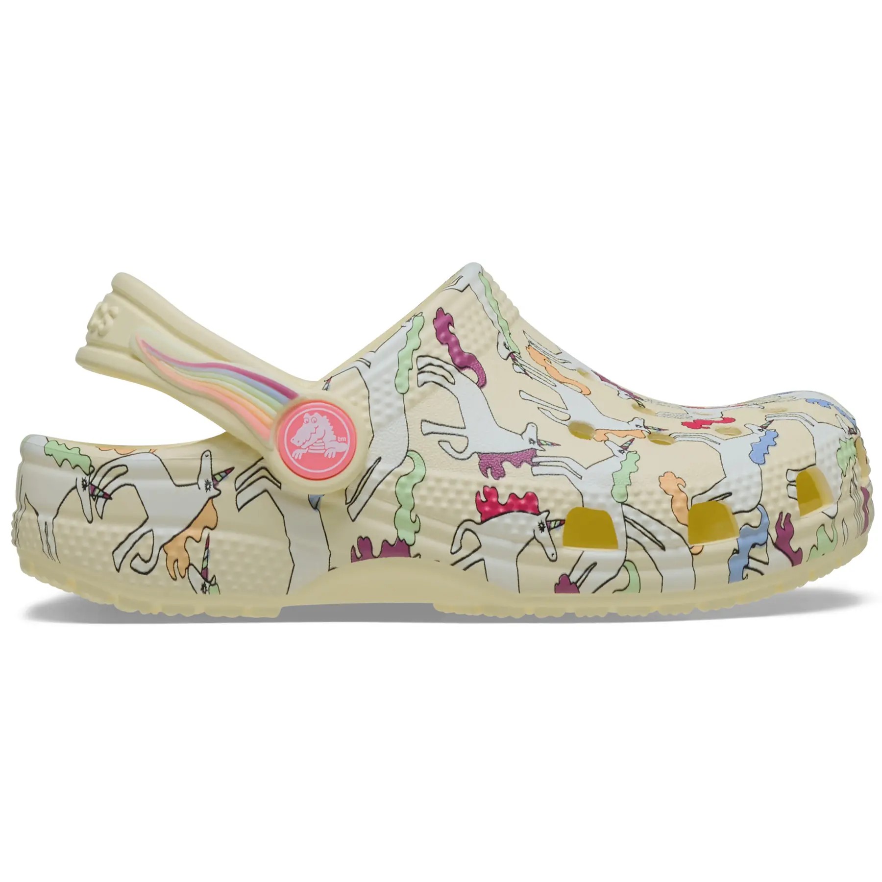 Classic yellow clogs featuring a whimsical unicorn graphic design in various colors, made from lightweight material with ventilation holes and a comfortable back strap.