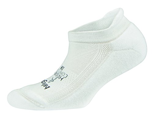 White no-show running sock made of soft, breathable material with a cushioned sole and a snug fit, featuring "Balega Hidden Comfort" branding in gray.