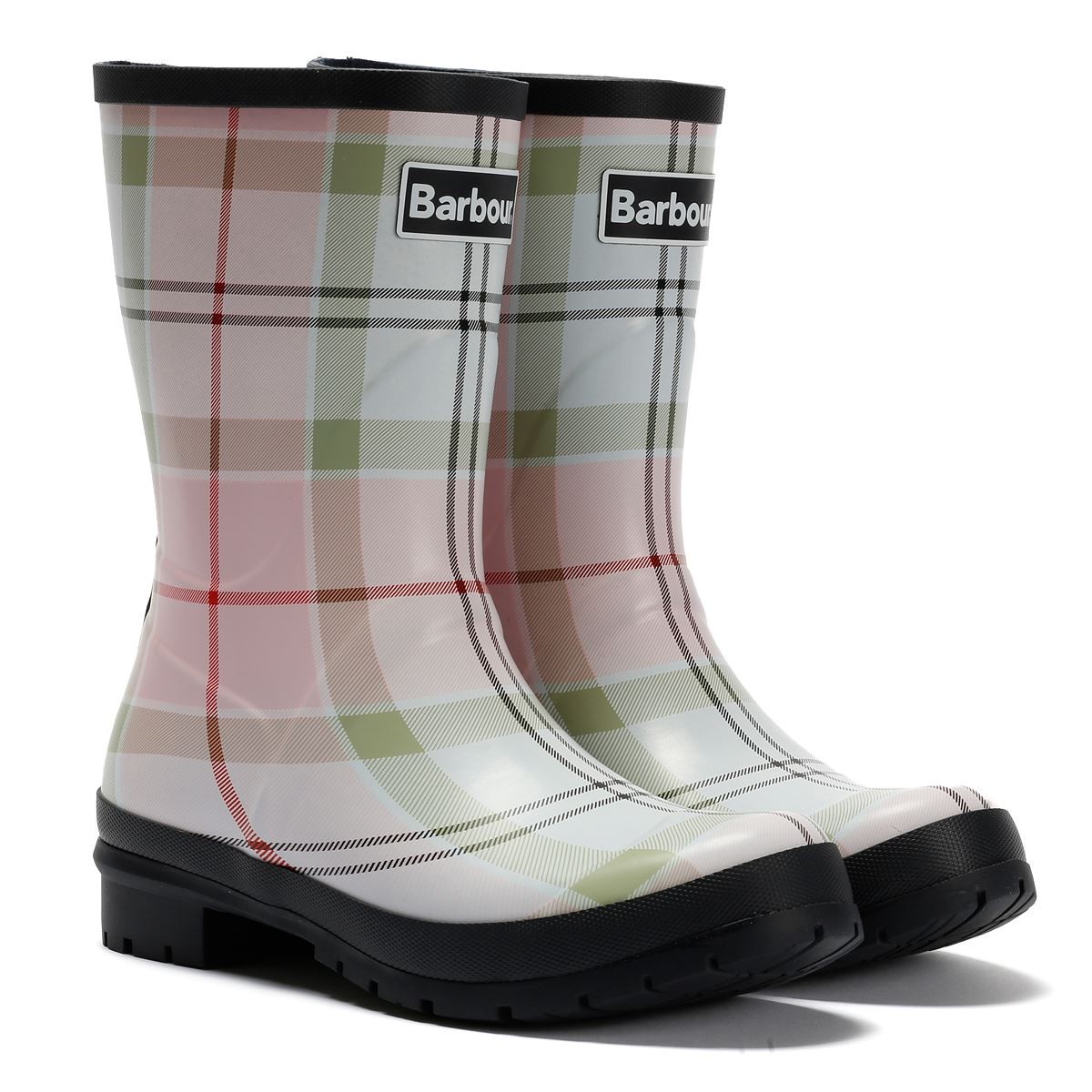 Cherry blossom tartan Wellington boots by Barbour, featuring a glossy finish, mid-cut design, and a black rubber sole with a plaid pattern in pink, green, and white.