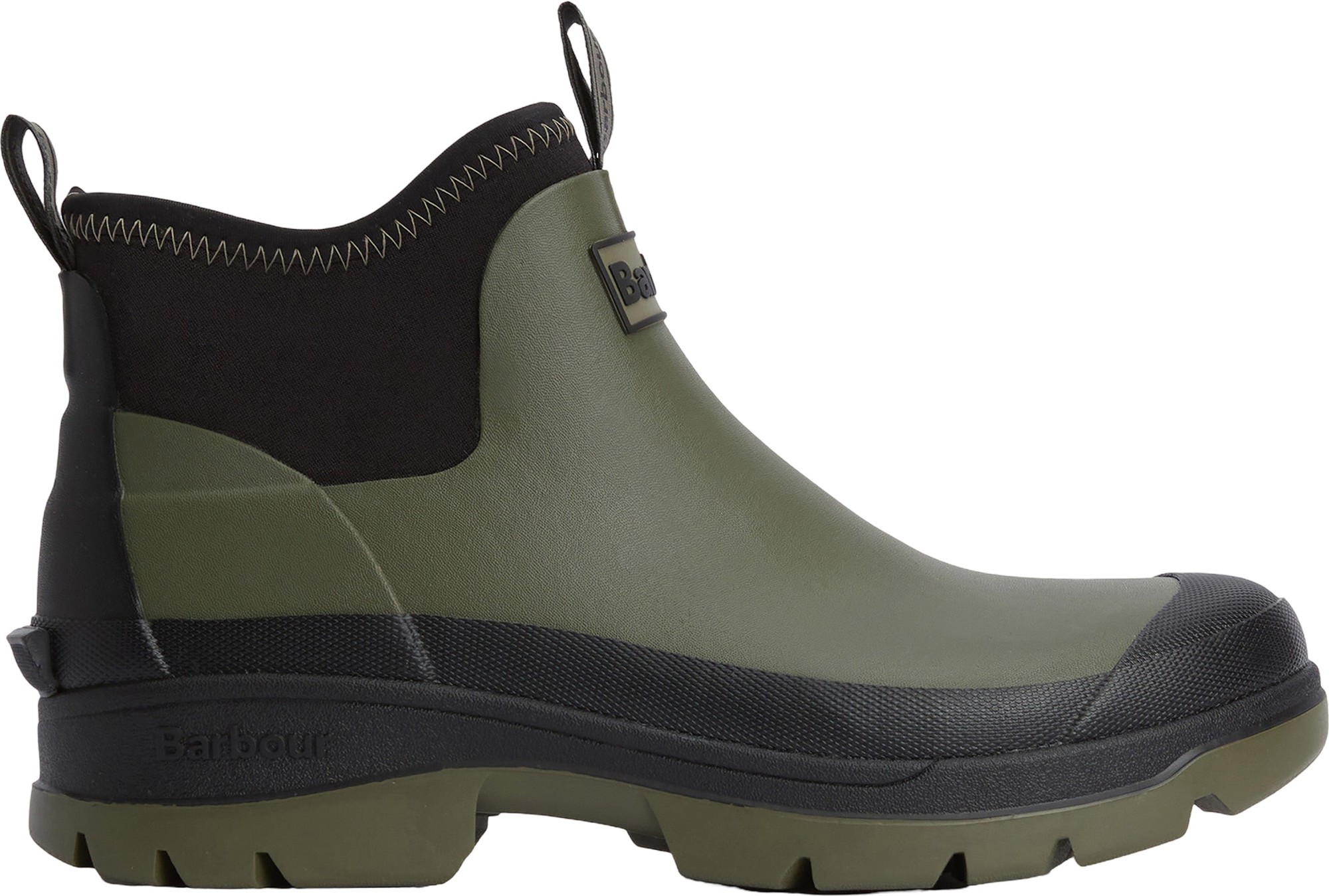 Green rubber ankle boots with a black neoprene panel, featuring a textured sole, pull tab, and Barbour logo on the side, designed for durability and comfort.