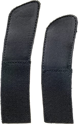 Black leather strap extensions with a textured fabric base, featuring rounded ends for easy attachment, designed to enhance fit for footwear.