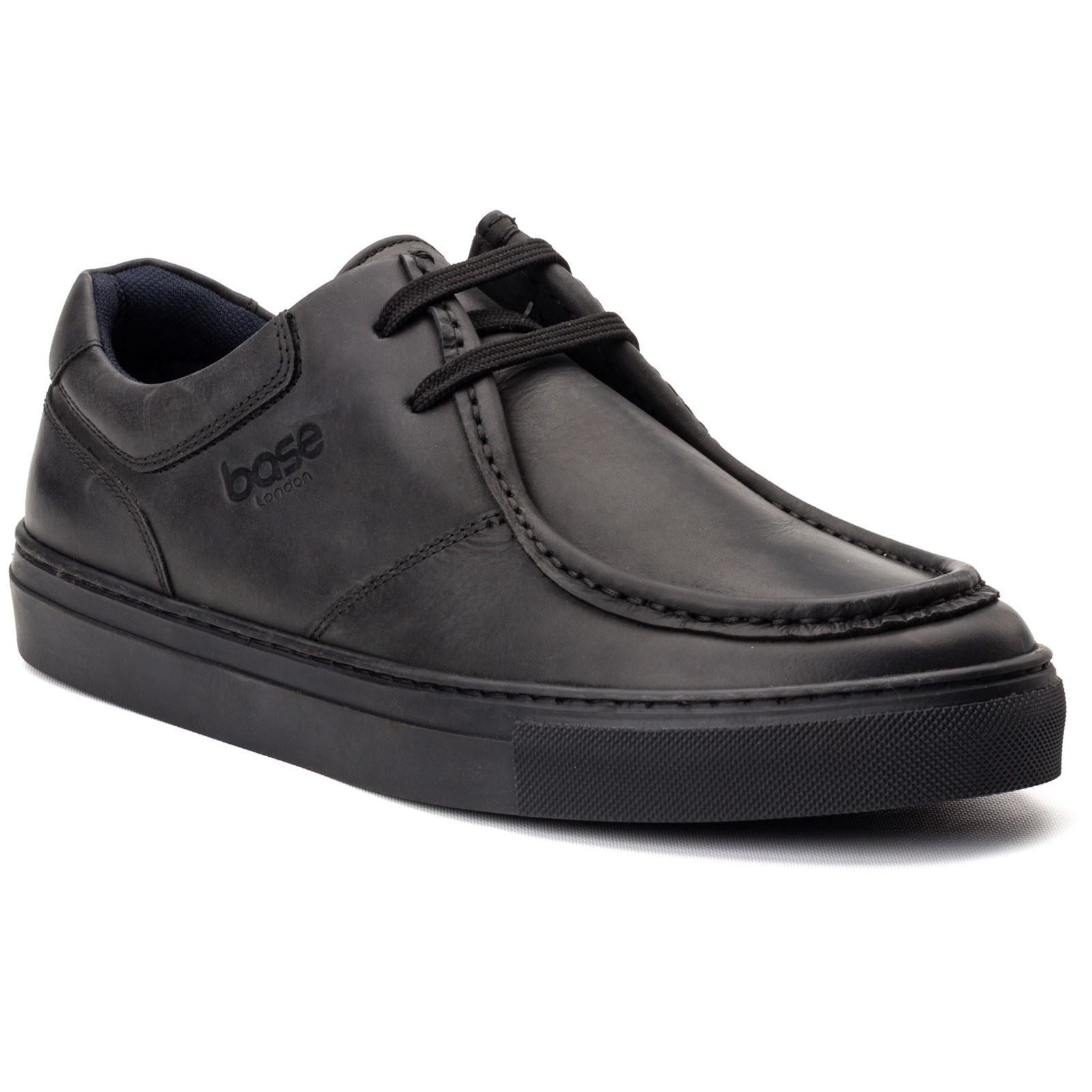 Black leather moccasin shoes featuring a sleek design, round toe, and lace-up closure, with a textured rubber sole and subtle branding on the side.