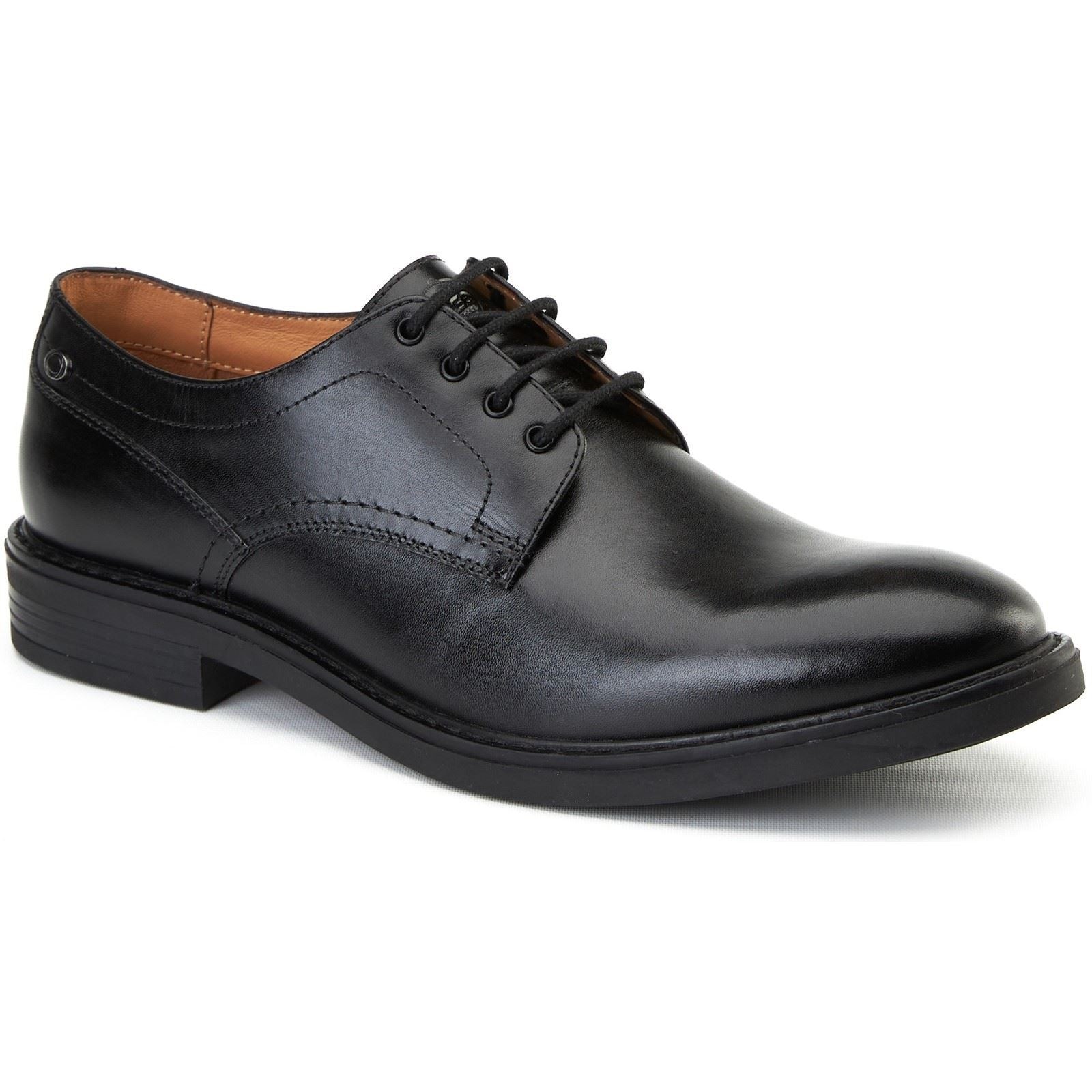 Black leather lace-up shoes with a smooth finish, featuring a rounded toe, subtle stitching details, and a low stacked heel, designed for men's formal wear.