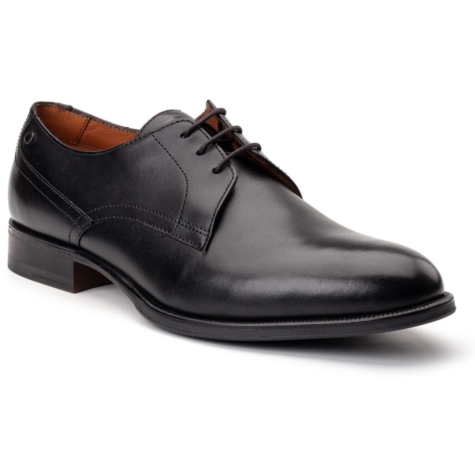 Black leather lace-up shoes with a polished finish, featuring a rounded toe, subtle stitching details, and a low stacked heel for a classic formal look.