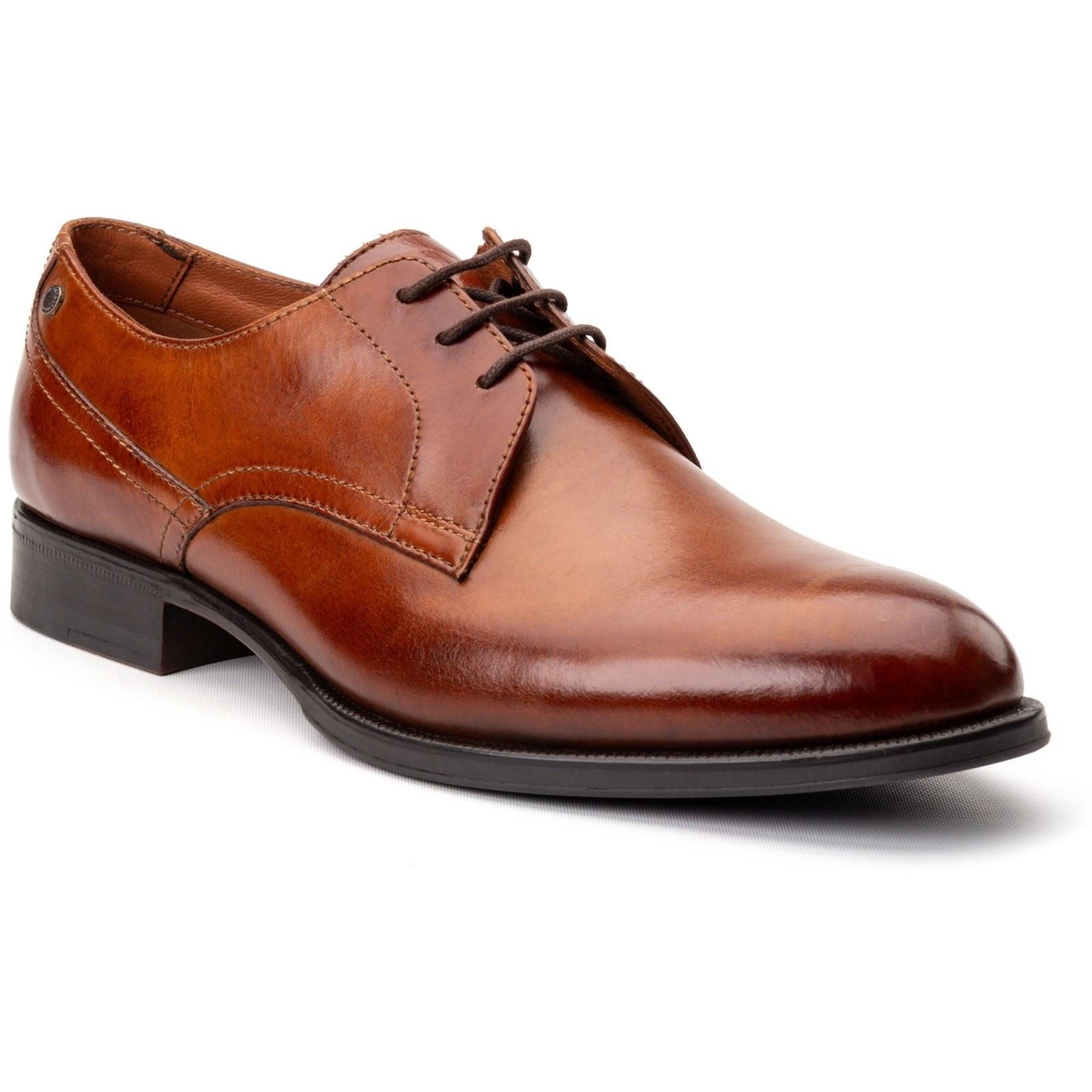 Burnt tan leather lace-up shoes with a polished finish, featuring a rounded toe, subtle stitching details, and a sleek black sole.
