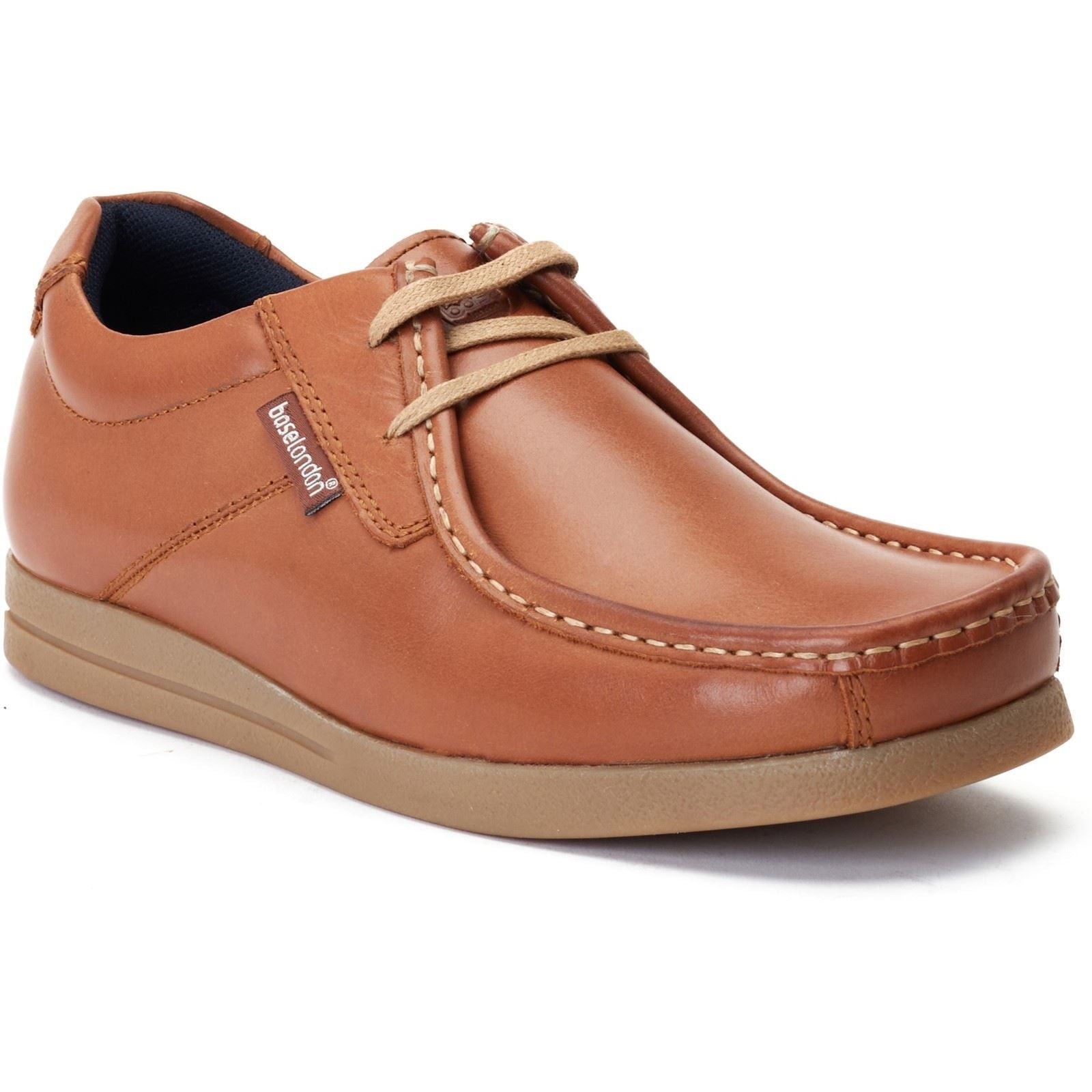 Tan waxy leather shoe with a rounded toe, contrasting stitching, and a lace-up design, featuring a cushioned sole for comfort, in size 12.