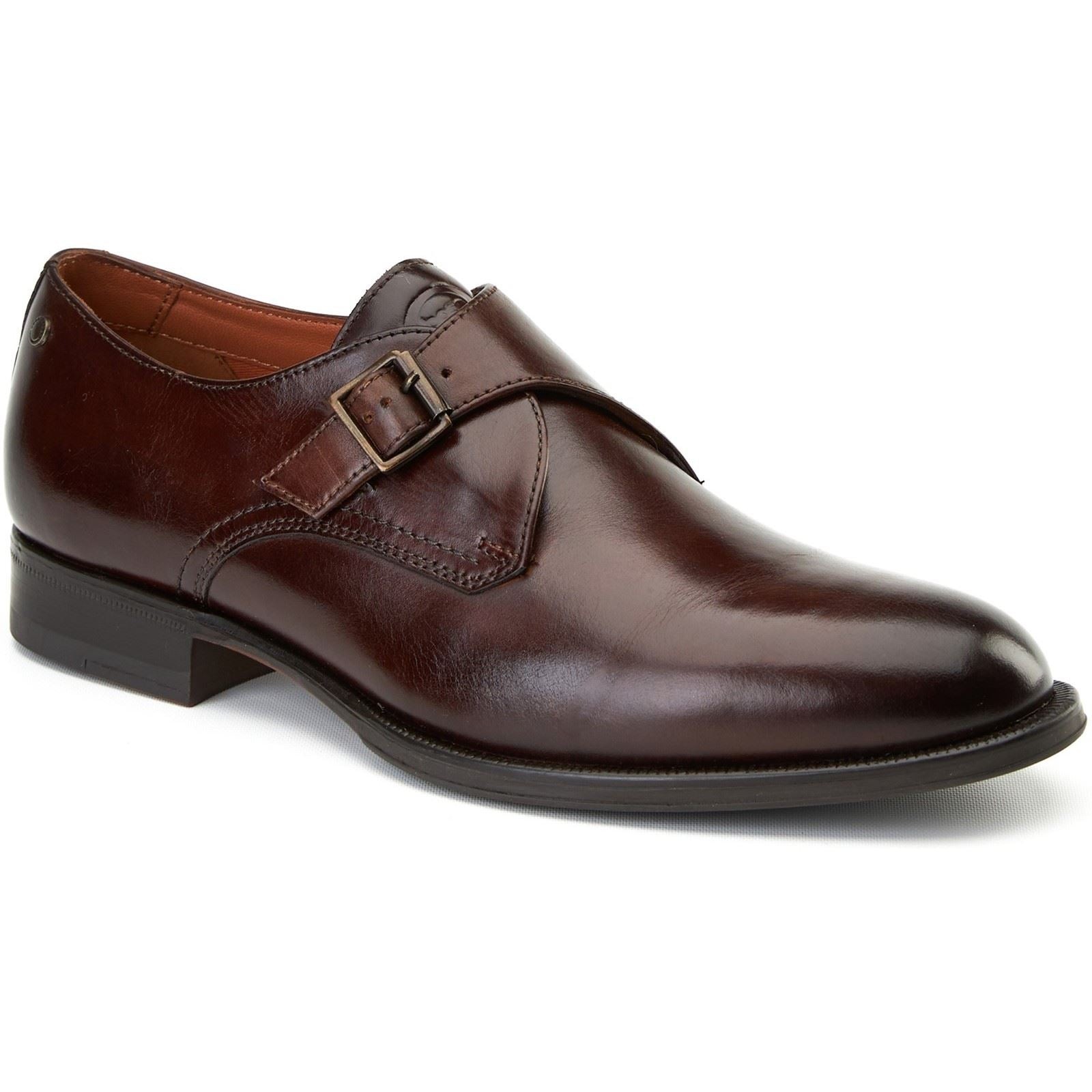 Burnt brown leather men's shoes featuring a sleek design, a single buckle strap, and a polished finish, ideal for formal occasions.
