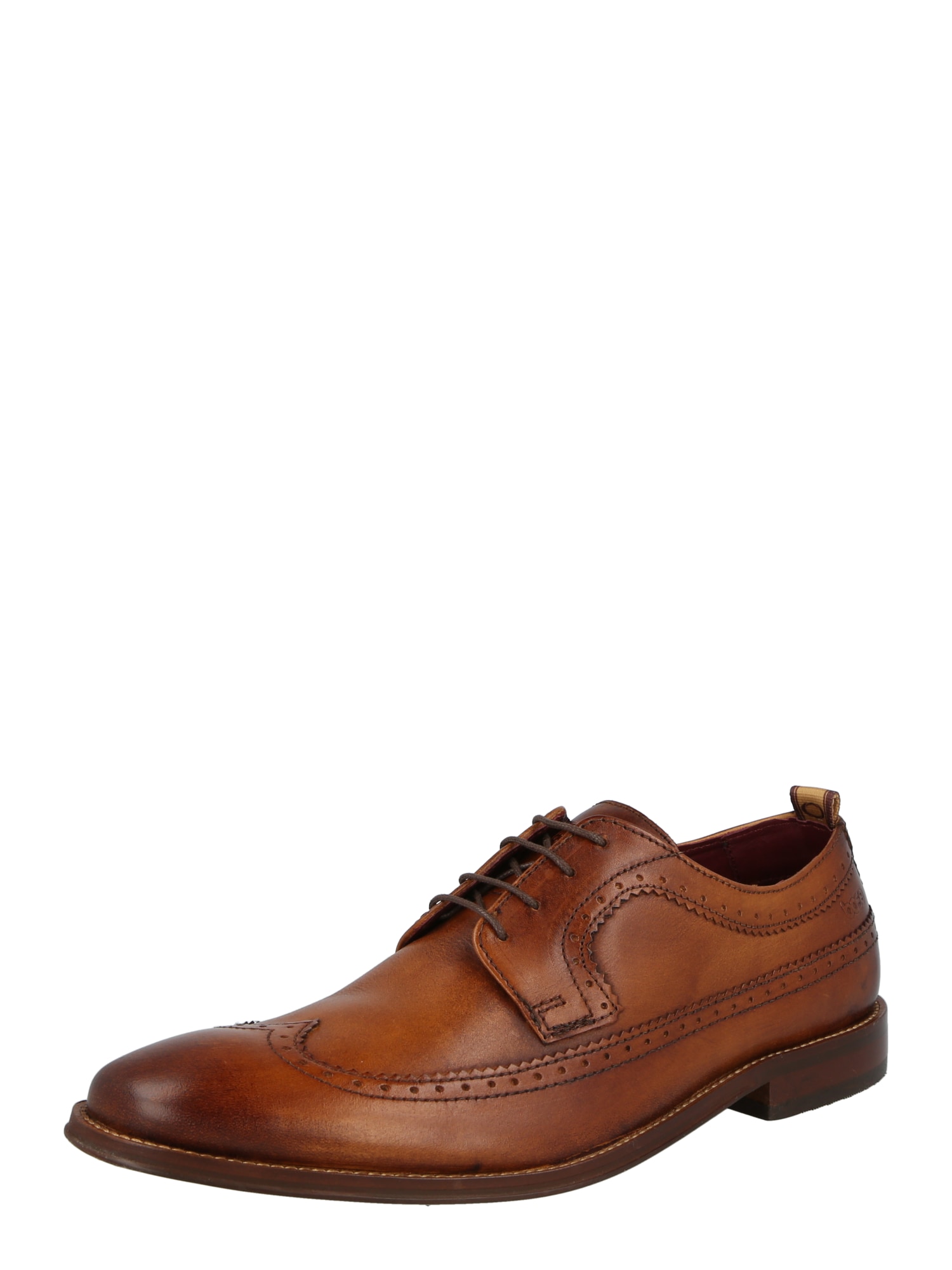 Tan leather Derby shoes featuring intricate brogue detailing, a rounded toe, and a lace-up front, set on a sleek brown outsole.