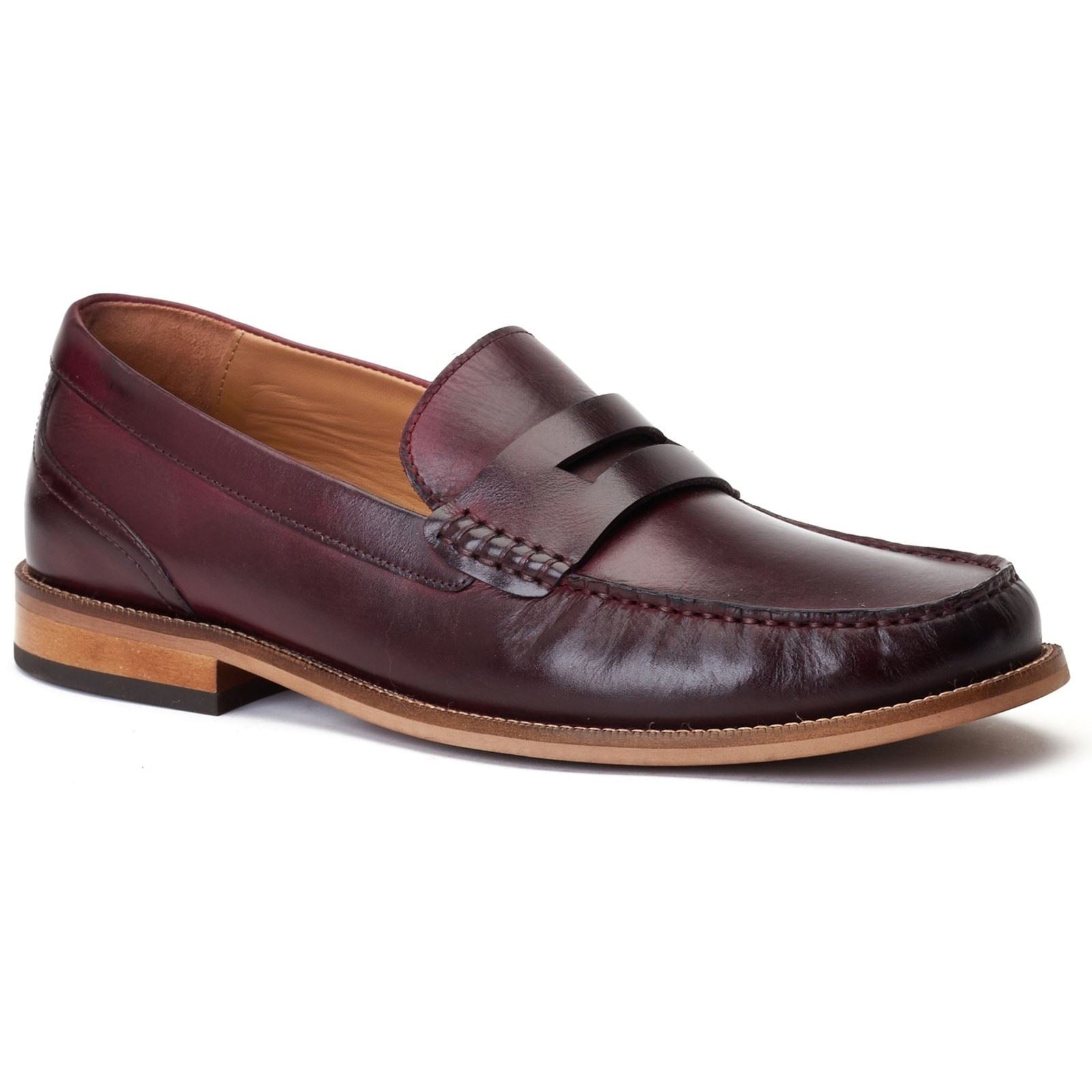 Wine-colored leather penny loafer with a woven detail on the vamp, featuring a smooth finish and a contrasting light brown sole, available in size 7.