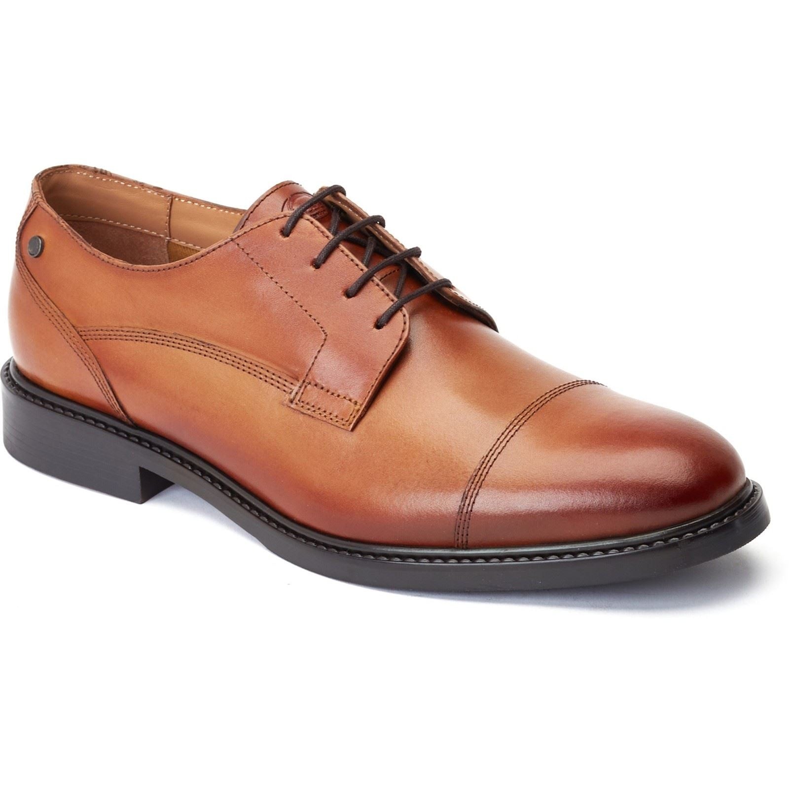 Tan leather Derby shoe with a toe-cap design, featuring black laces and a sleek, polished finish, set on a black rubber sole, size 7.