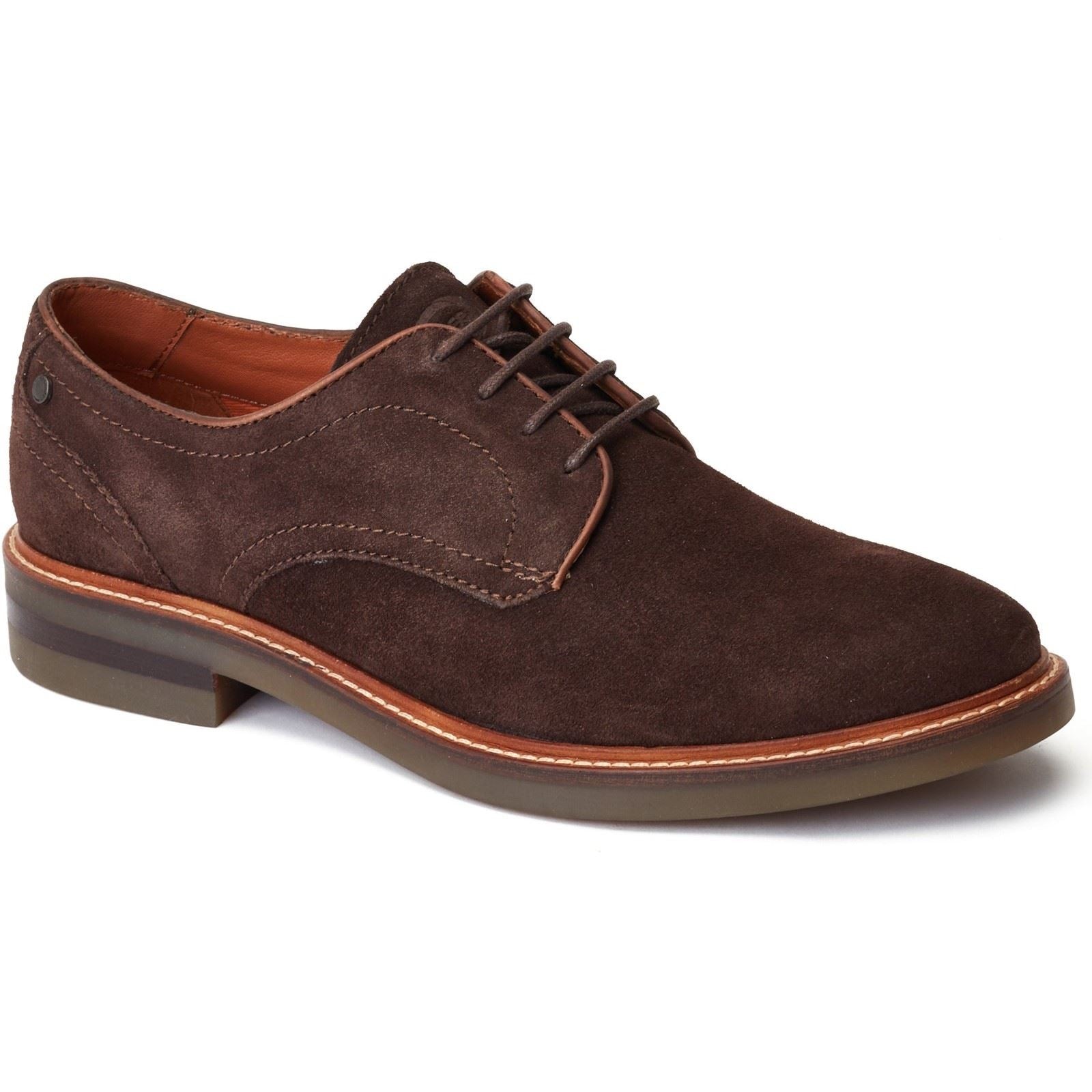 Brown suede Derby shoe with a smooth finish, featuring a lace-up design, contrasting stitching, and a sturdy rubber sole, size 7.
