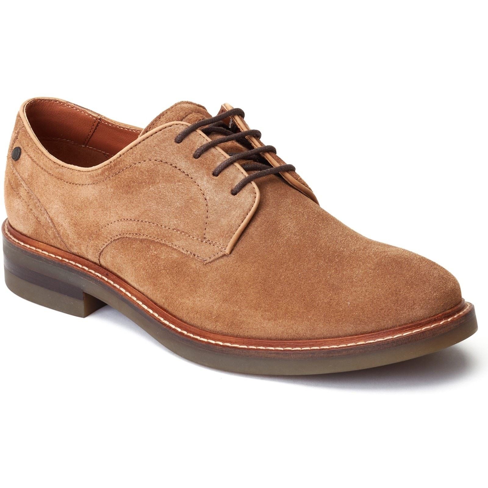 Camel-colored suede derby shoe with a smooth finish, featuring a rounded toe, lace-up closure, and a contrasting brown sole, available in size 7.