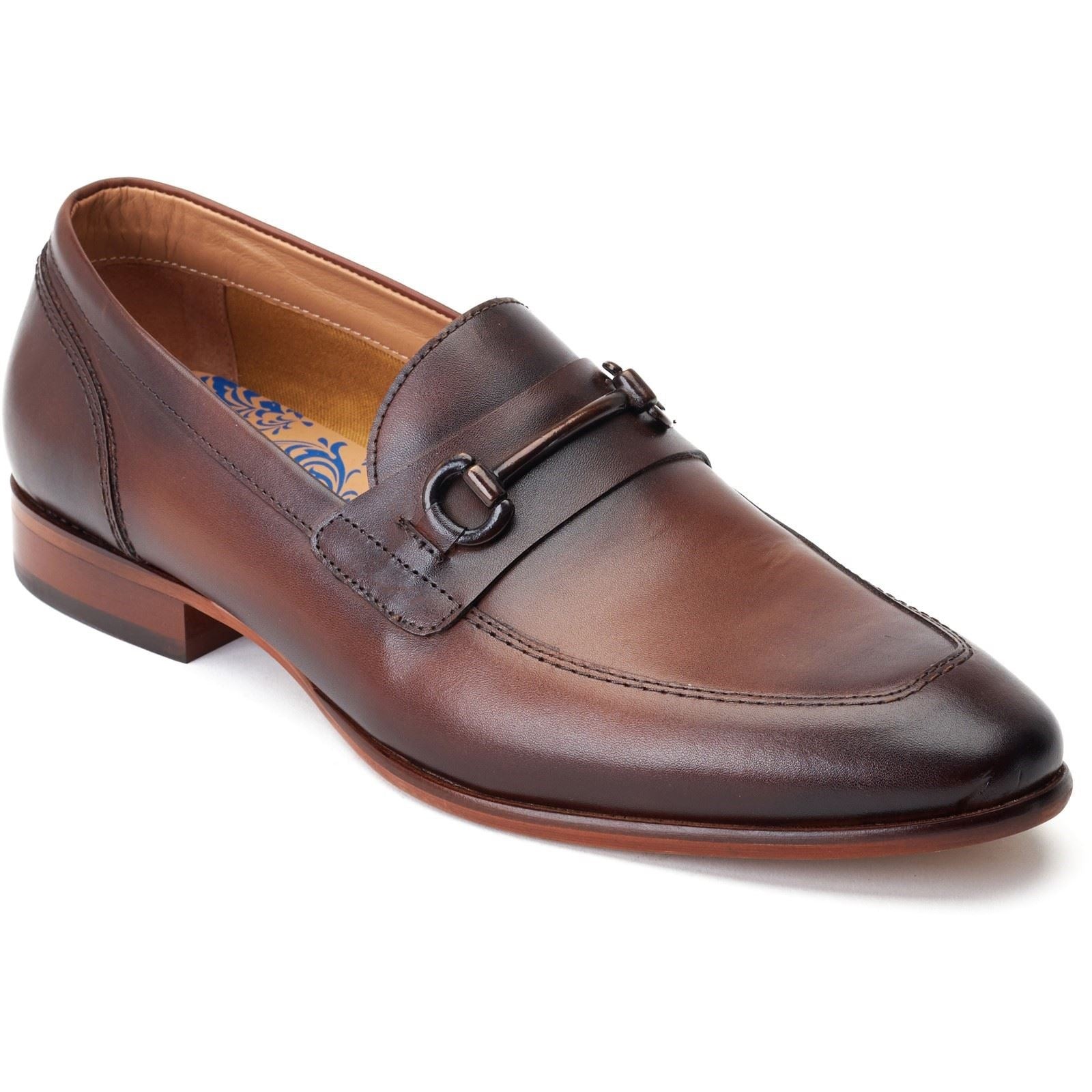 Men's Russo Buckle Loafer in burnt brown leather with a sleek design, featuring a decorative buckle and a low stacked heel.