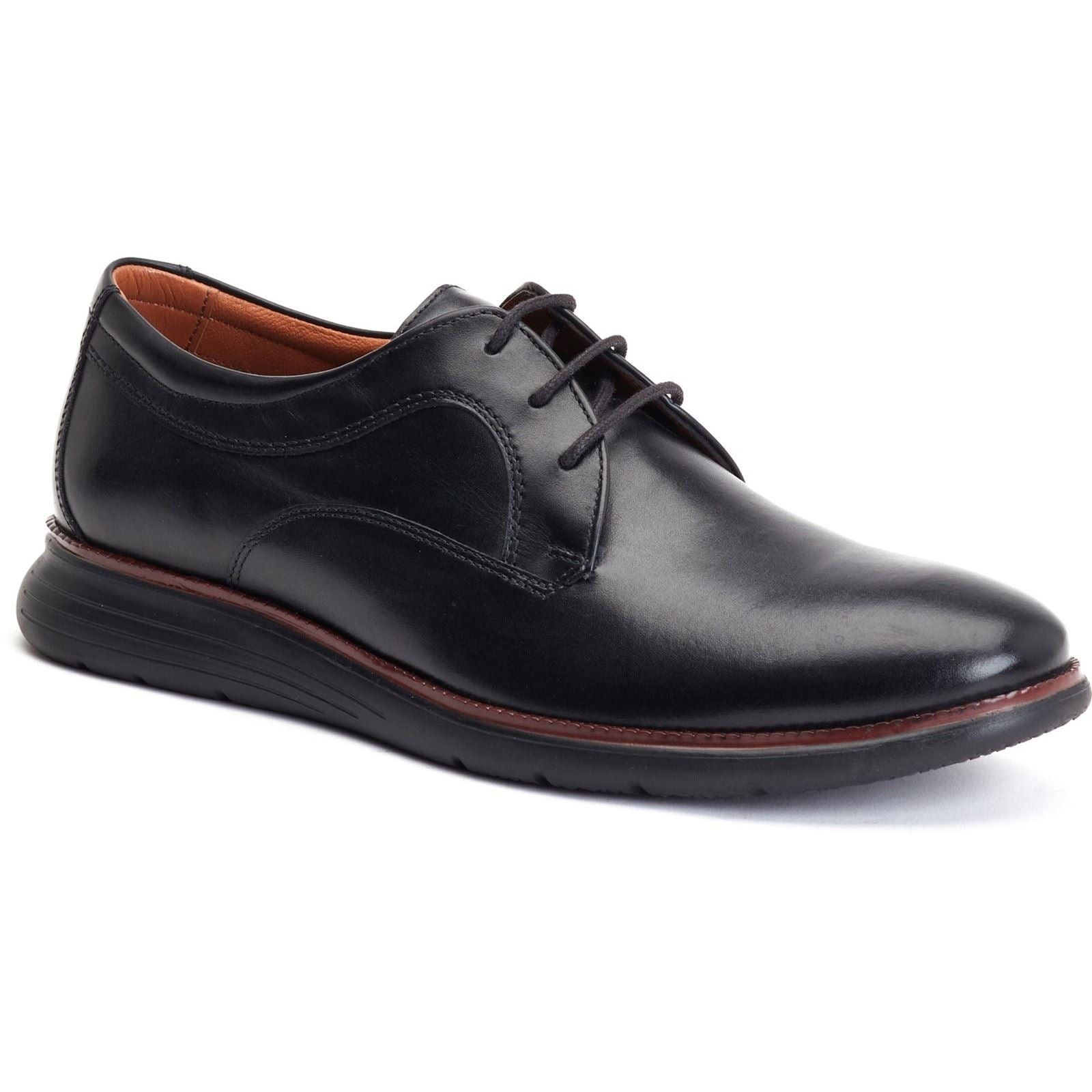 Black leather wing derby shoes with a smooth finish, featuring a lace-up design, cushioned sole, and subtle stitching details, available in size 7.