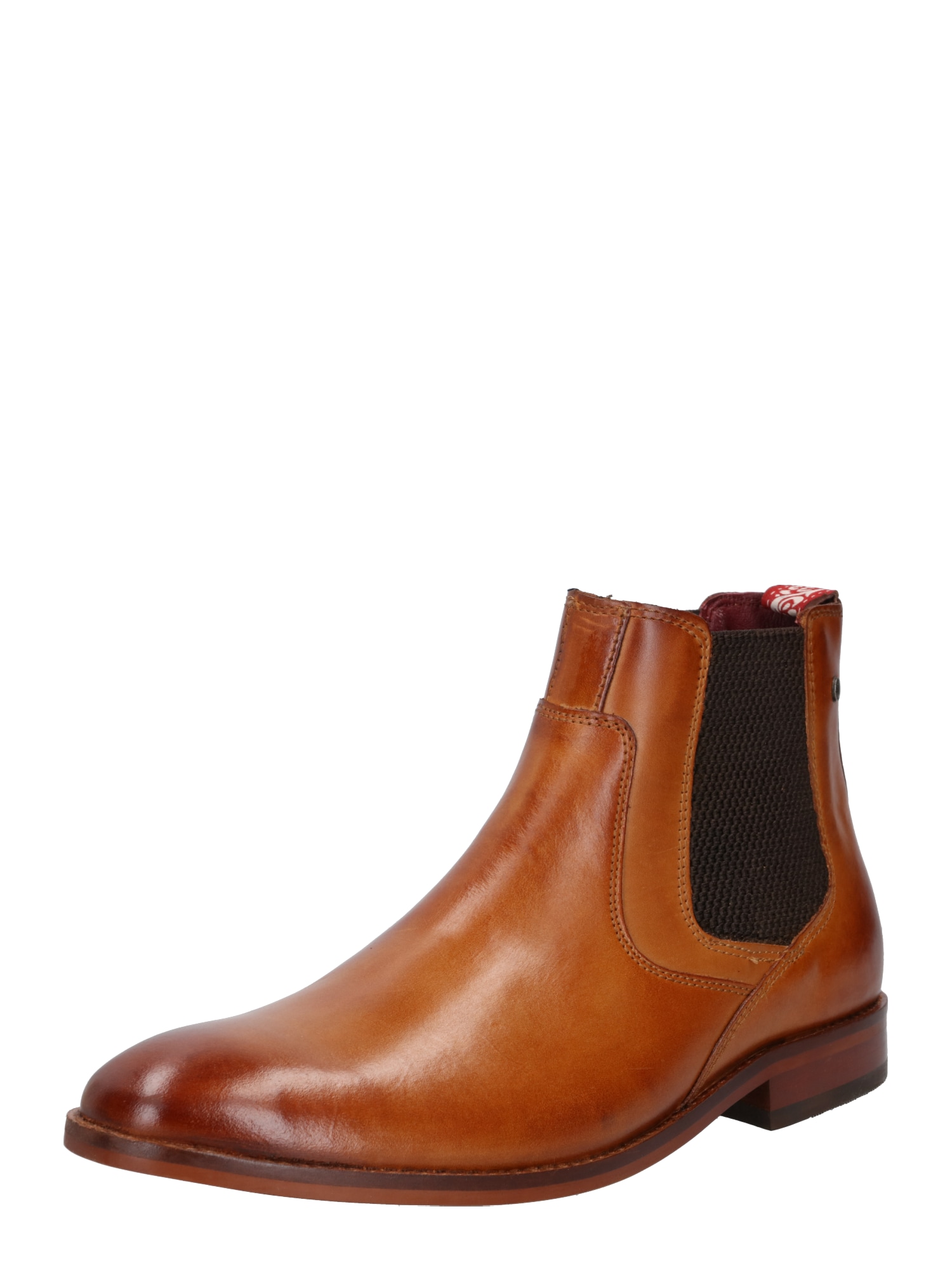 Tan leather ankle boots featuring elastic side panels, a sleek rounded toe, and a low stacked heel, ideal for smart-casual wear.