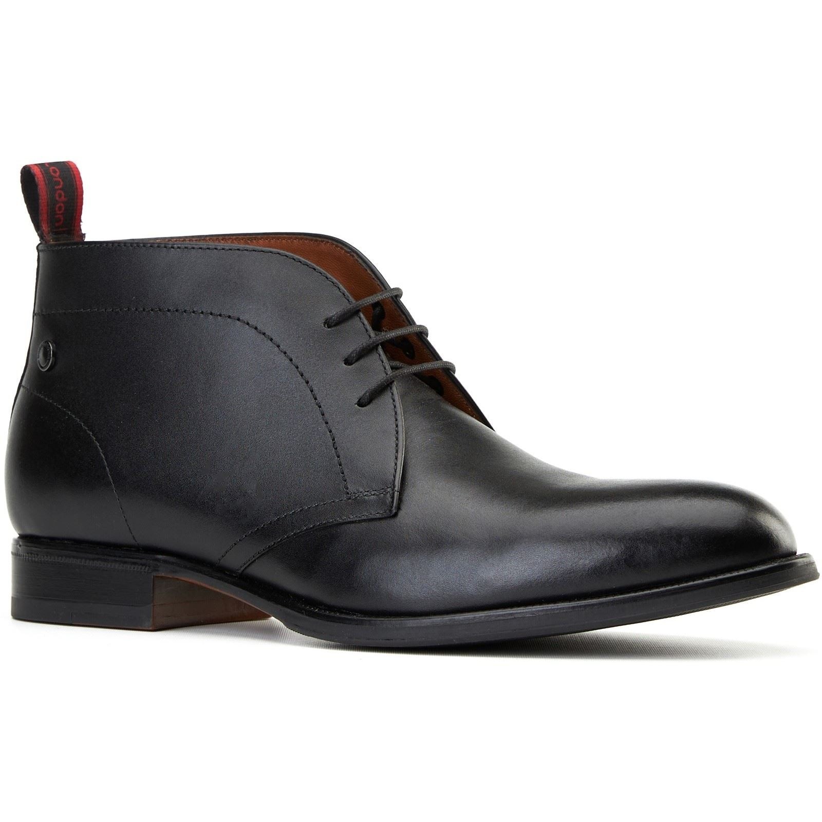 Black leather ankle boots with a sleek design, featuring a rounded toe, lace-up front, and a red pull tab at the back for easy wear.