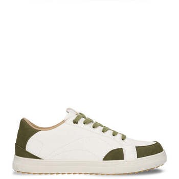 White vegan basketball shoes with olive green accents, featuring a smooth upper, round toe, and a textured rubber sole, designed for comfort and style.