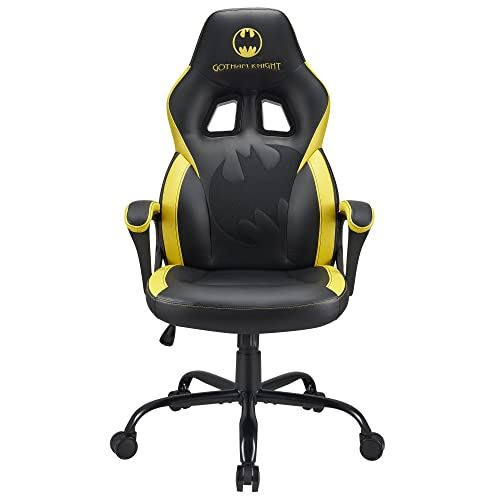 Black and yellow gaming chair featuring a Batman logo on the headrest, sleek racing style design, padded armrests, and a five-star base with wheels.