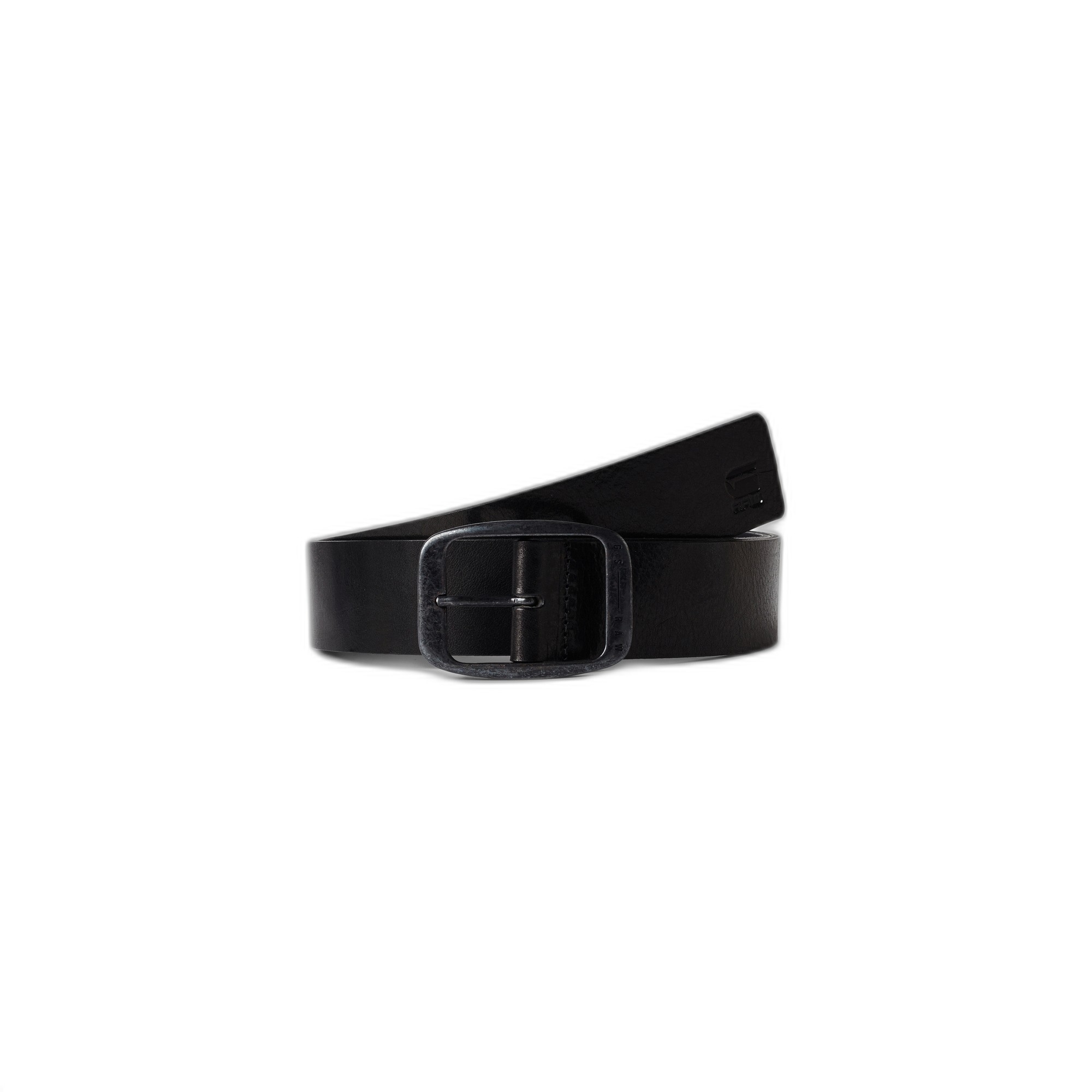 Black leather belt by G-Star with a sleek, matte finish and a rectangular metal buckle, featuring a subtle embossed logo on the belt strap.
