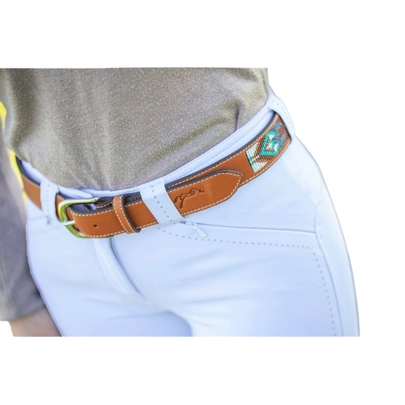 Tan leather belt featuring colorful geometric patterns, a sleek silver buckle, and a stylish design, worn with light blue pants.