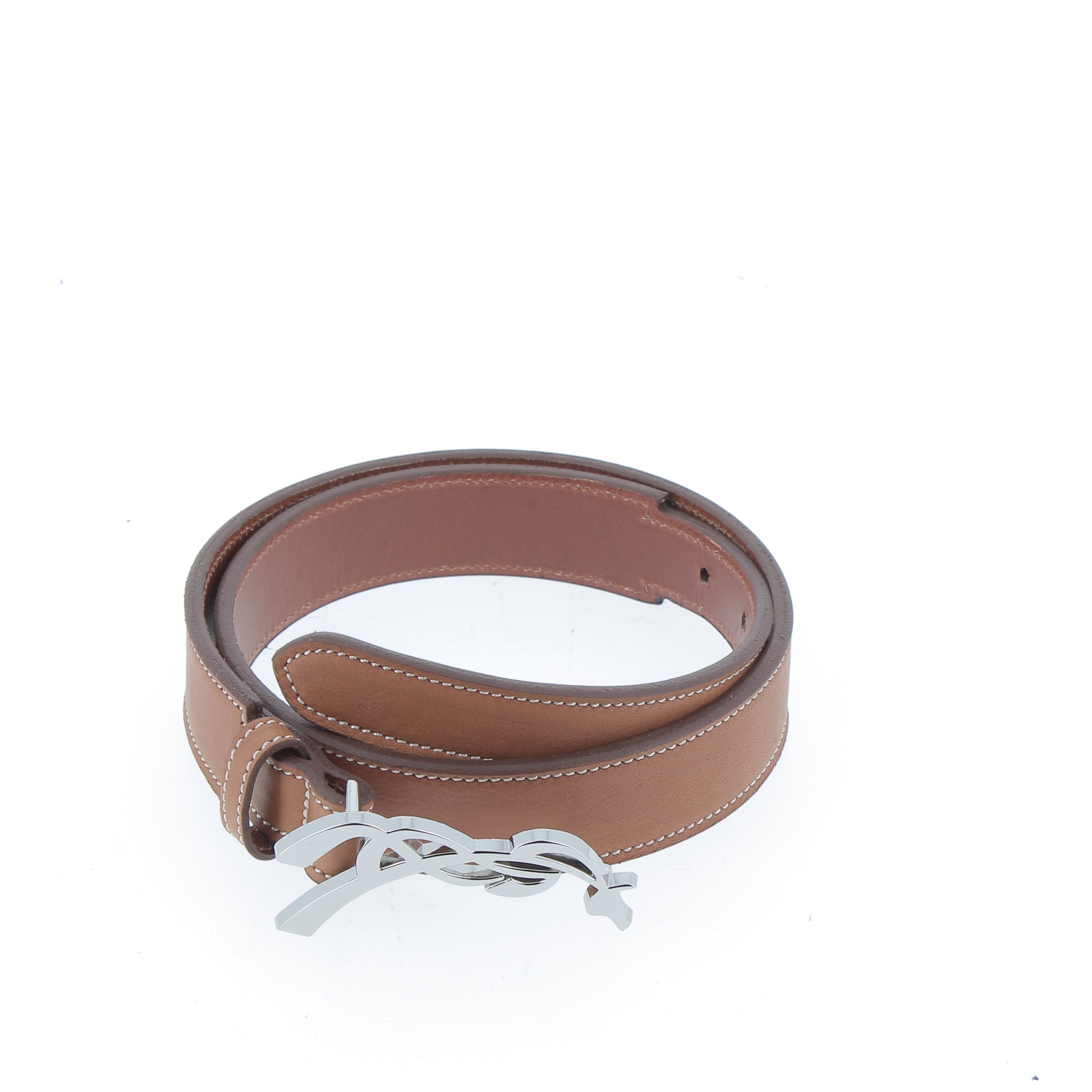 Brown leather belt featuring a sleek design with contrasting stitching and a distinctive silver-tone buckle.