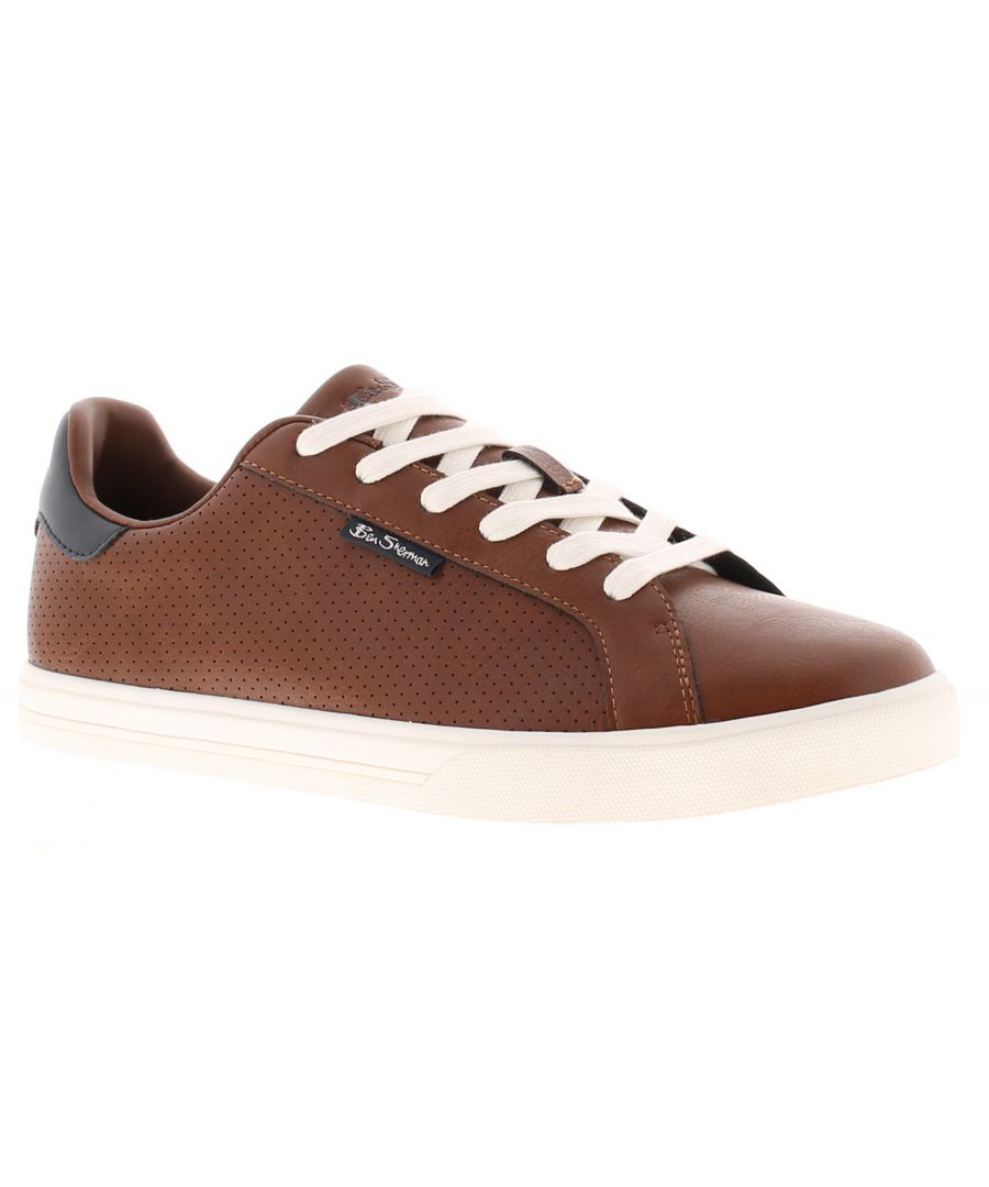 Tan leather trainers with perforated detailing, black accents, and white laces; features a sleek design and rubber sole, available in size 7.