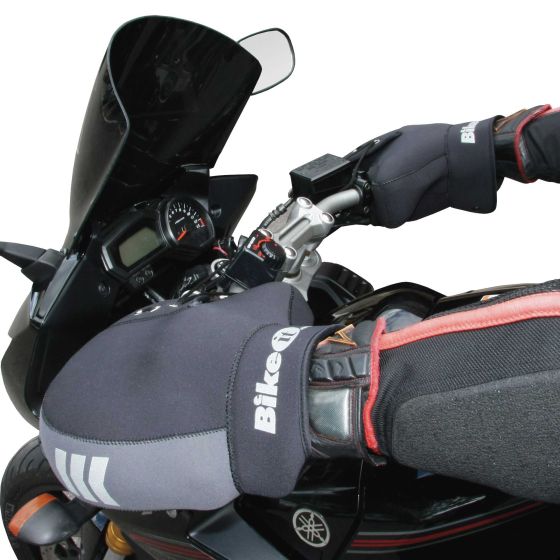 Black and gray Bike-It Boxer Bar Muffs designed for motorcycle handlebars, featuring a padded, weather-resistant material for warmth and protection.