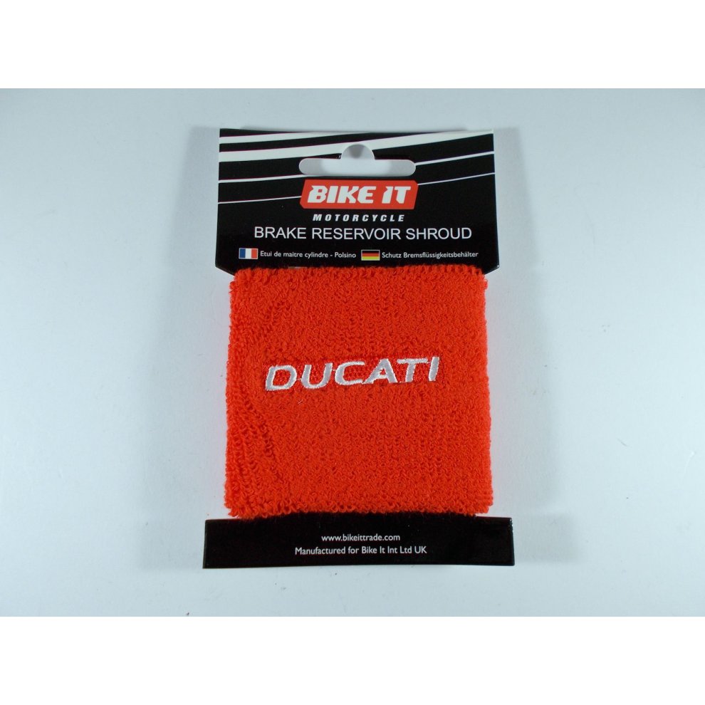 Bright red, textured fabric brake cylinder reservoir protective shroud cover with "DUCATI" logo in white, packaged by Bike-It for motorcycle use.