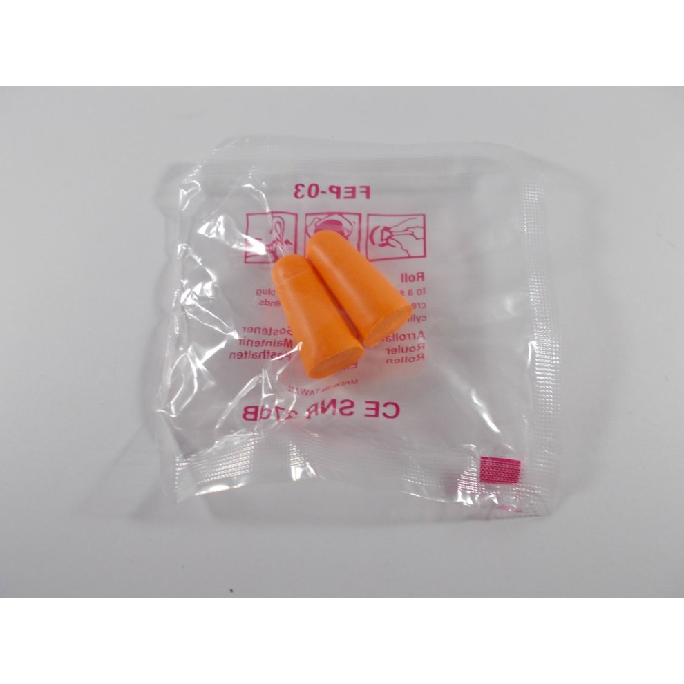 Orange foam ear plugs packaged in a clear plastic bag, featuring product details and usage instructions printed in pink on the packaging.