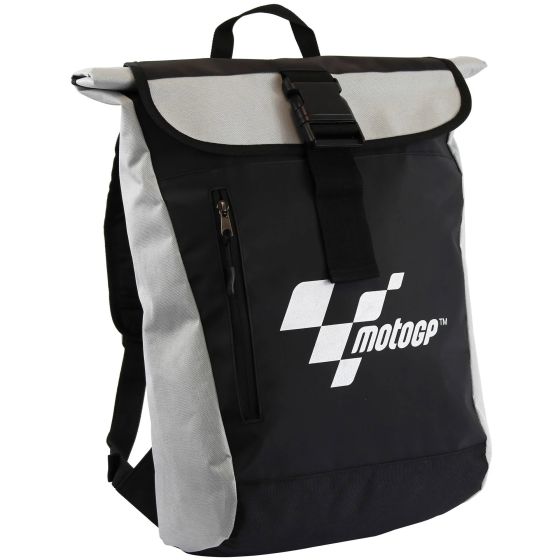Black and gray rolltop motorcycle backpack featuring a MotoGP logo, durable material, adjustable straps, and a front zip pocket for added convenience.