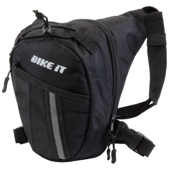 Small black thigh pouch carrier made of durable material, featuring a zippered main compartment, reflective strip, and adjustable strap for secure attachment.