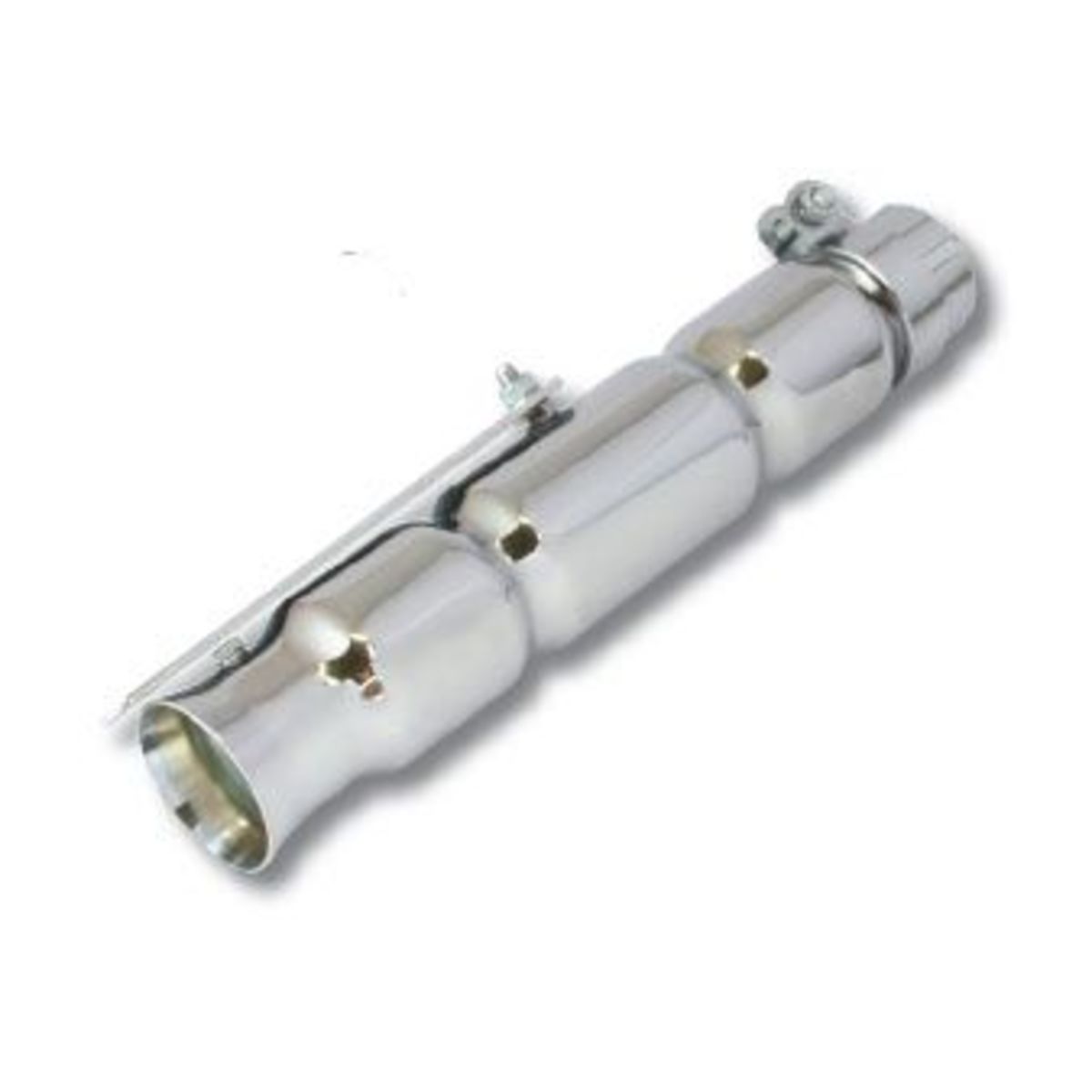 Shiny chrome silencer with a bevel design, featuring a removable baffle, adjustable clamp, and a diameter range of 38-45mm, suitable for various bikes.
