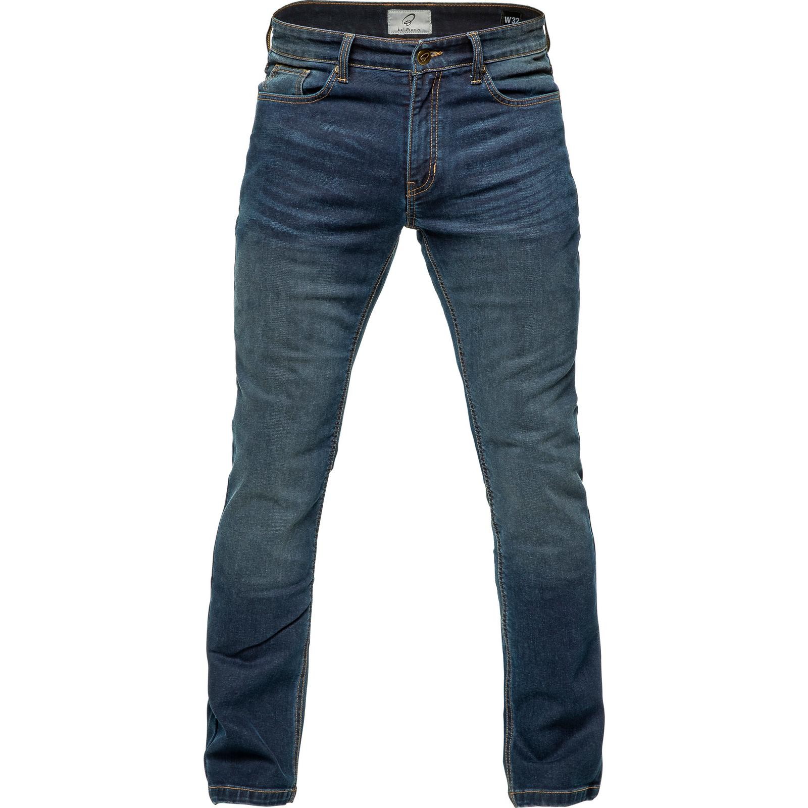 Black straight leg motorcycle jeans in a blue denim finish, featuring a standard leg cut and durable material designed for protection and comfort.