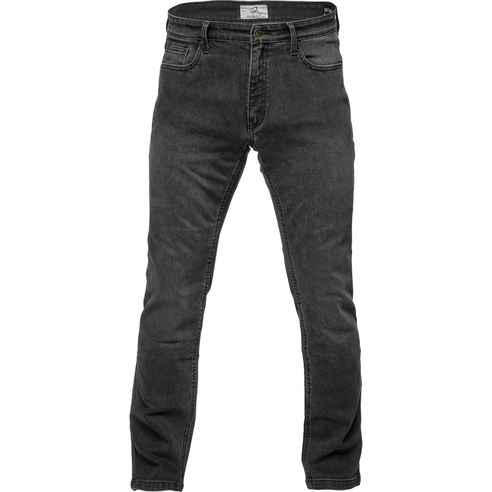Black straight leg motorcycle jeans in a dark black color, made from durable denim, featuring a classic five-pocket design and a standard leg fit, size 32.