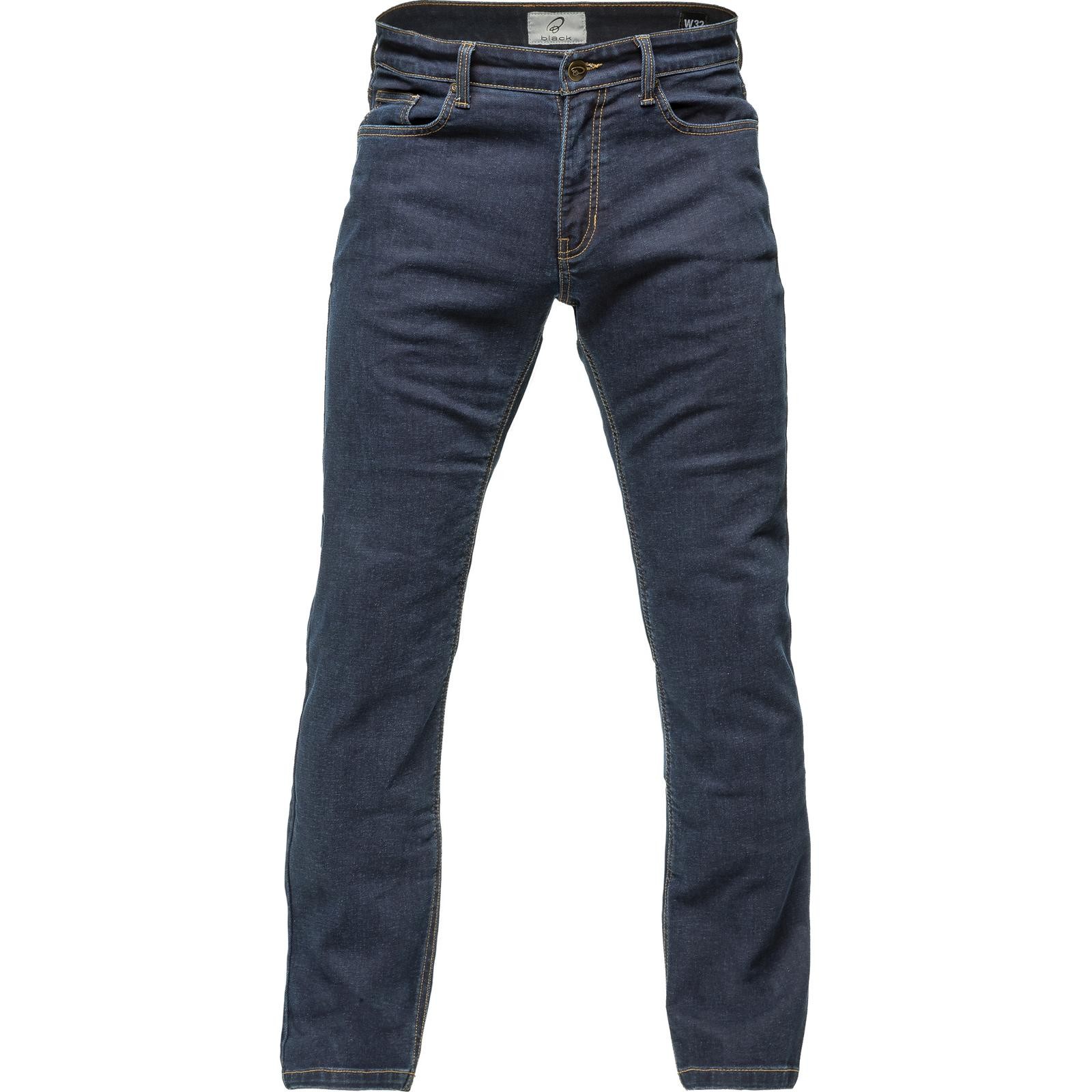 Black straight leg motorcycle jeans in dark blue, made from durable denim, featuring a classic five-pocket design and subtle stitching details.