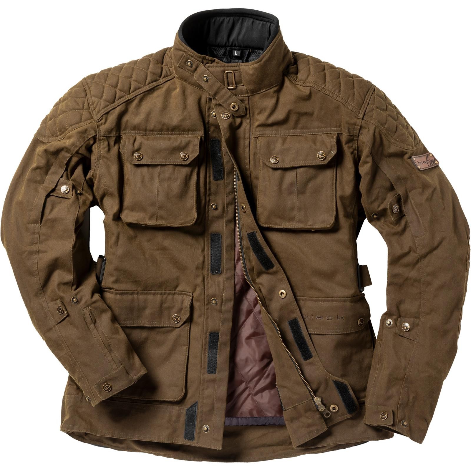 Black Bowland Wax Motorcycle Jacket in olive brown, featuring a quilted shoulder design, multiple front pockets, a high collar, and a soft inner lining.