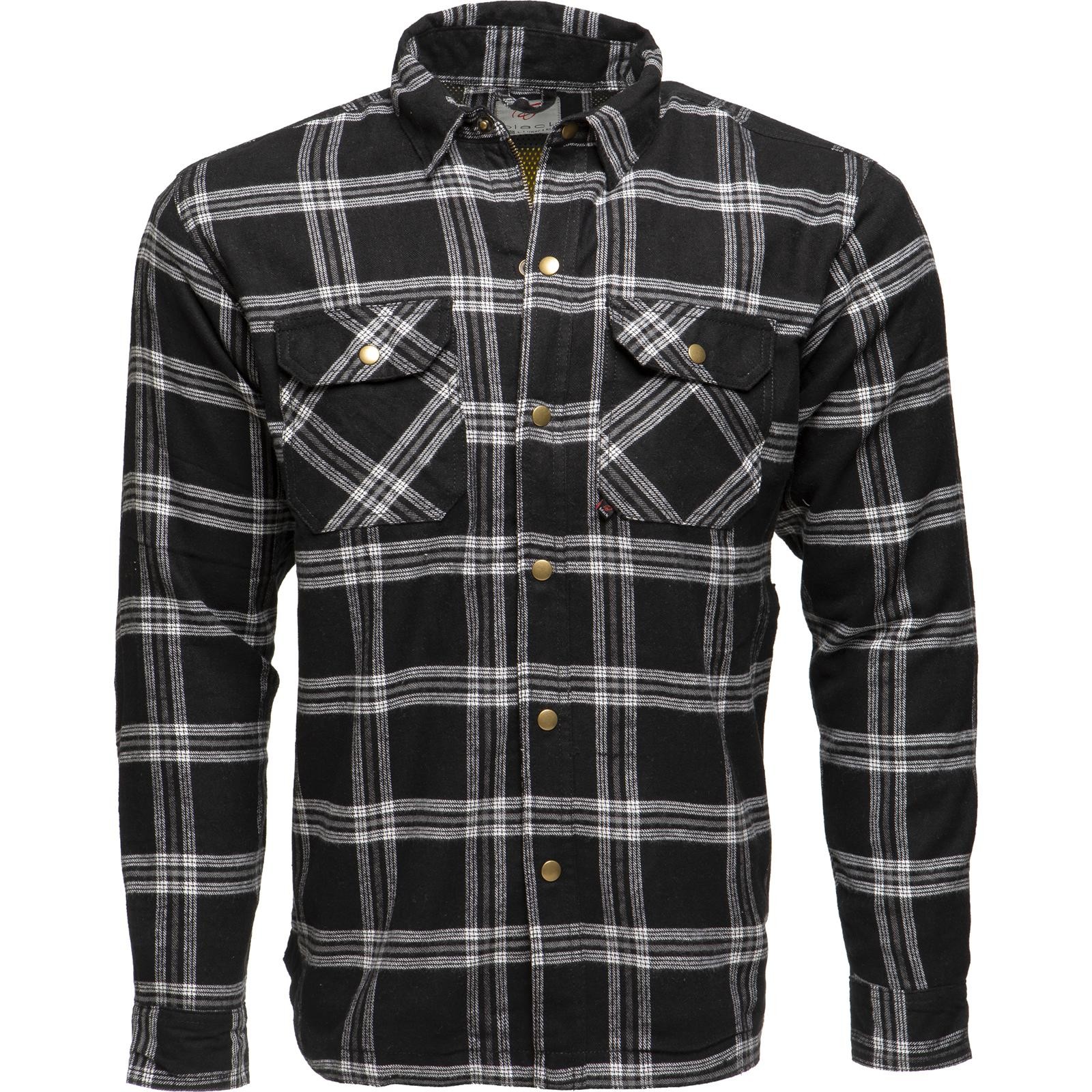 Black and white plaid Kevlar motorcycle shirt featuring a button-up front, two chest pockets, and a classic collar, designed for durability and style.