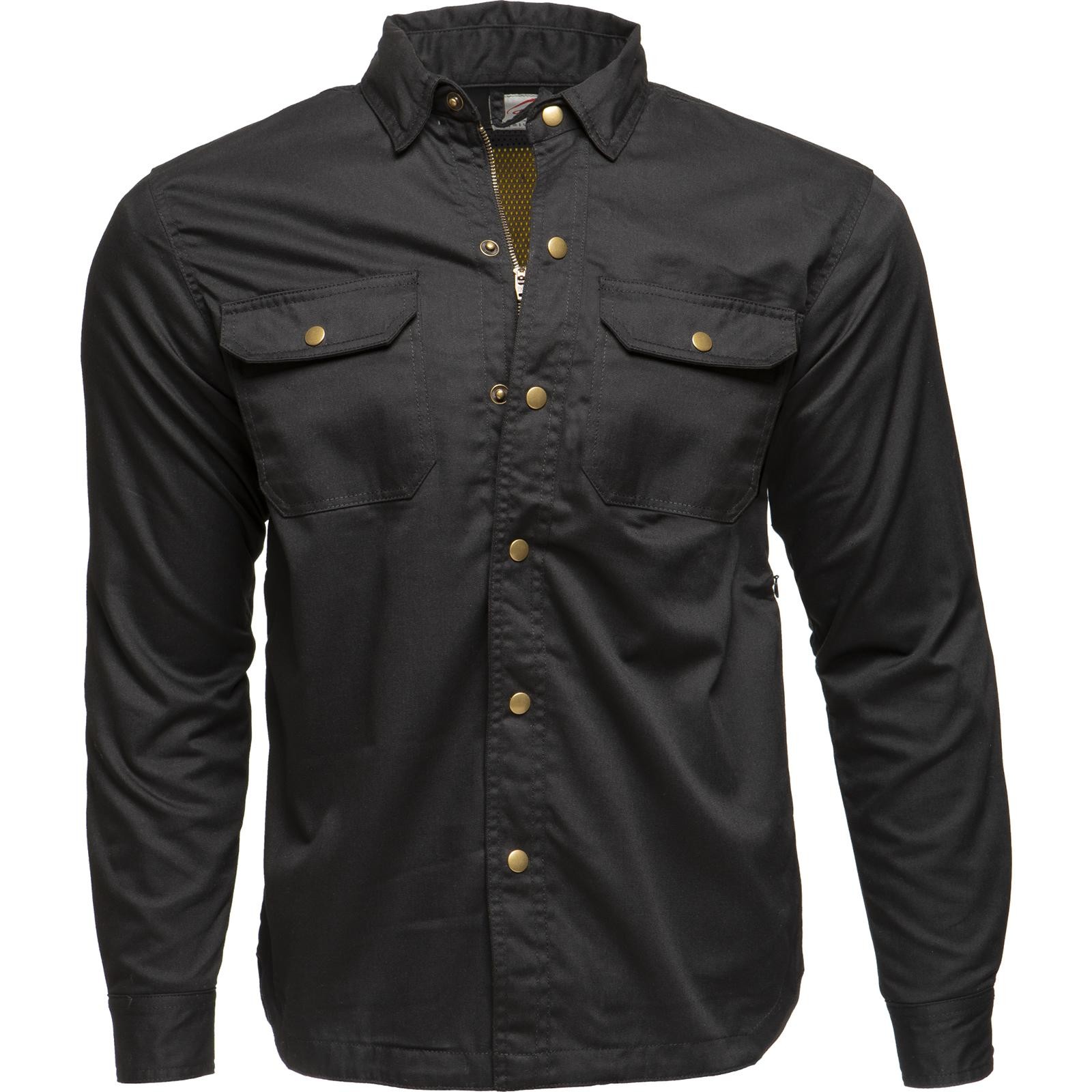 Black Kevlar motorcycle shirt in size XL, featuring a button-up front, two chest pockets, and a breathable mesh lining, designed for durability and style.