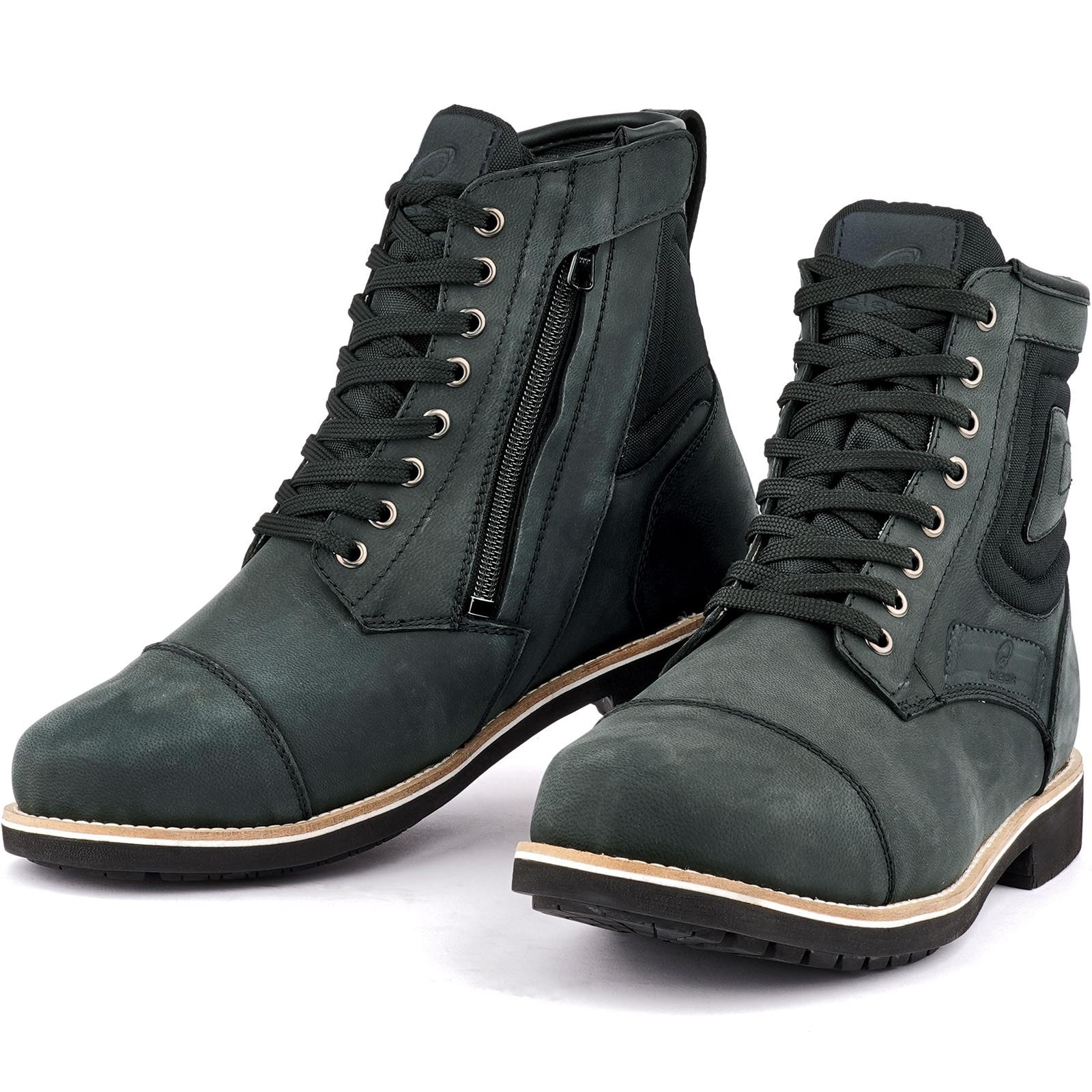 Black Crux Motorcycle Boots in size 46 (UK 12) feature a sleek black design, made of durable leather with a side zipper, lace-up front, and reinforced toe for added protection.