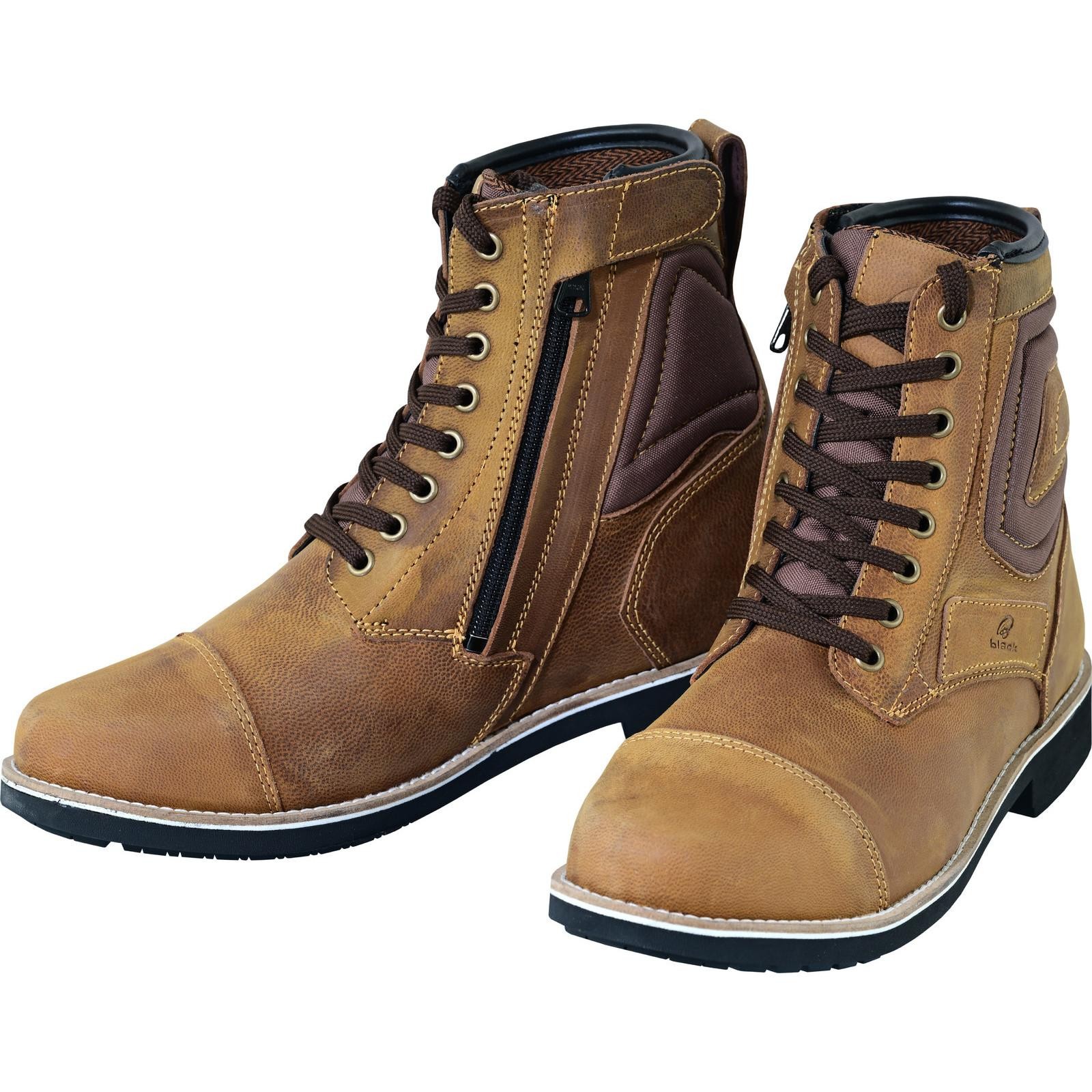 Black Crux motorcycle boots in brown leather, featuring a zip closure, lace-up design, padded ankle support, and a durable rubber sole, size 46 (UK 12).