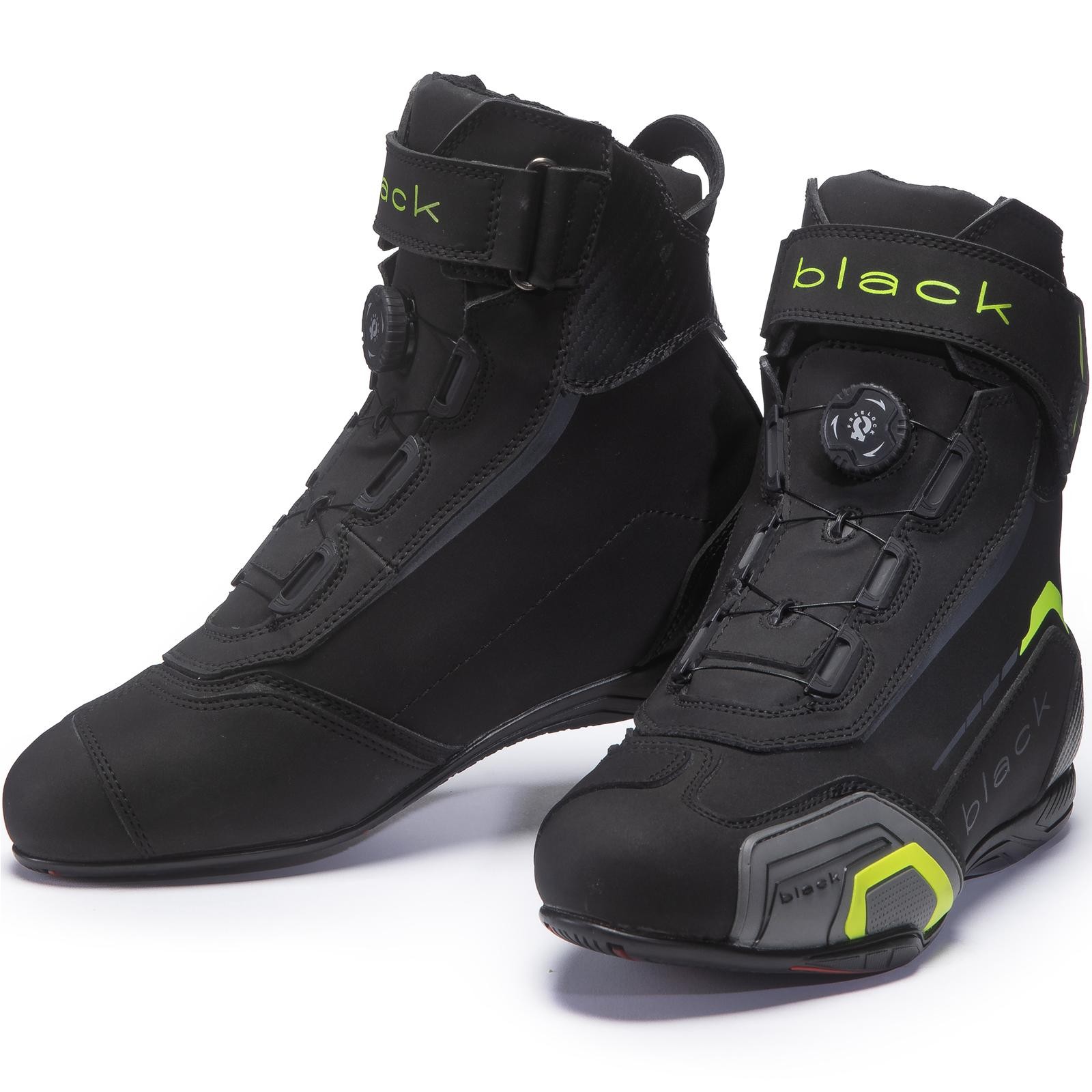 Black Firefly WP ankle motorcycle boots featuring a sleek black design with yellow accents, waterproof material, secure lace system, and a protective toe cap.