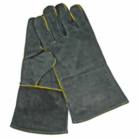 Gray stove gloves with yellow stitching, made from durable material, featuring a long cuff for added protection and a textured grip on the palm for handling hot items.
